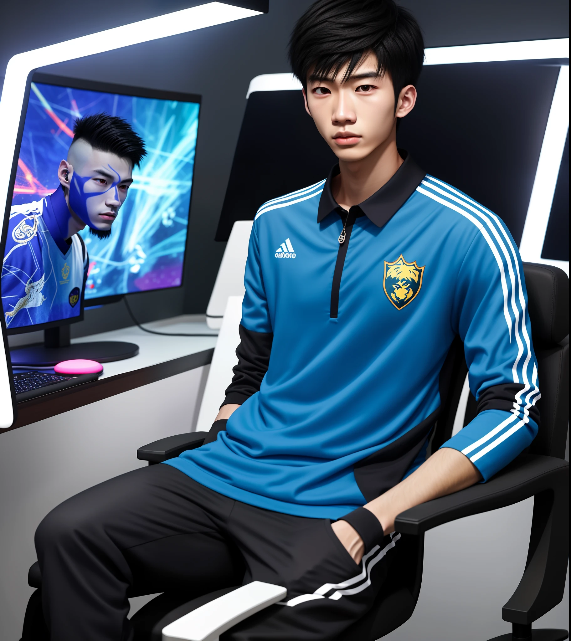 cool guy，23years old，Asian people，Works of masters，Best image quality，Higher quality，high detal，超高分辨率，8K分辨率，Exquisite facial features，Boy student，emaciated，Glowing eyes，short detailed hair，Hair details， ，[[Look away，Look to the side，Emphasize homosexuality and pay attention to every detail ，（（（（Bulging crotch)））））Earphone，（（Gamepad in hand）），E-sports room，Esports suits