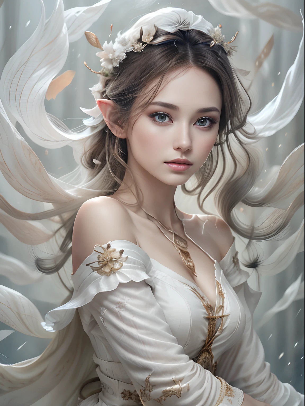 (Masterpiece, Top Quality, Best, Official Art, Beautiful and Aesthetic, Long Exposure: 1.2), Smooth Movement, Charming Patterns, 1 Girl, (Long Dress with Sleeves: 1.3), (((White Clothes) )), upper body close-up, bare shoulders, Chinese girl, blush, black lob hair, portrait, solo, upper body, looking at the observer, detailed background, detailed face, (crystallineAI, crystalline theme:1.1), elemental wind elves, rotation Wind, control the wind, white crystal clothing, dynamic pose, floating particles, ethereal dynamics, whirlwind, vapor, whirlwind in the background, white tone, whirlwind, ethereal atmosphere,