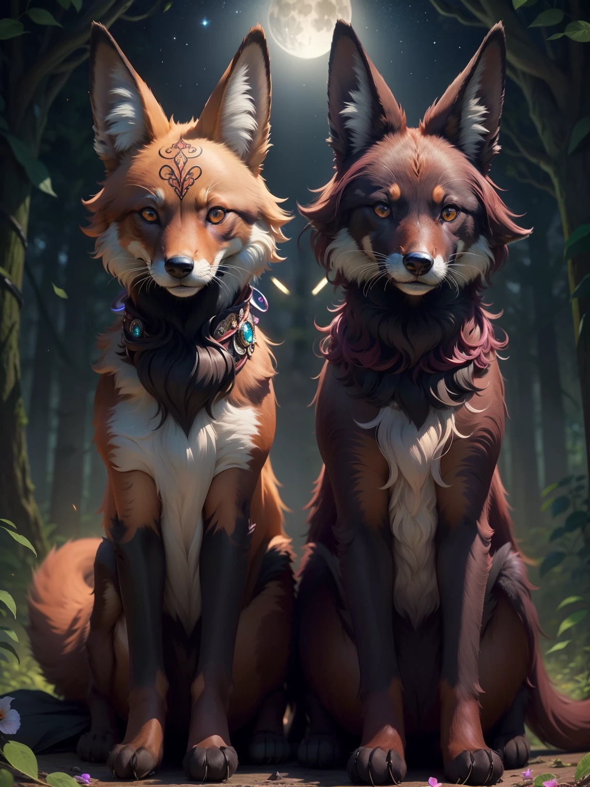 a very cute, (maned wolf cat forest fox hybrid animal), solid rich deep brown fur color, very dark forest trail, multi-shades of maroon night flowers that border the trail, wearing a glowing enchanted gemmed collar with bioluminescent blue diamond collar pendant, bioluminescent, full moon-lit, iconography, hints of maroon color, ultra detailed, beautiful and aesthetic, High quality, beautiful, masterpiece, best quality, (zentangle, mandala, tangle, entangle :0.6), 24k resolution, photorealistic.