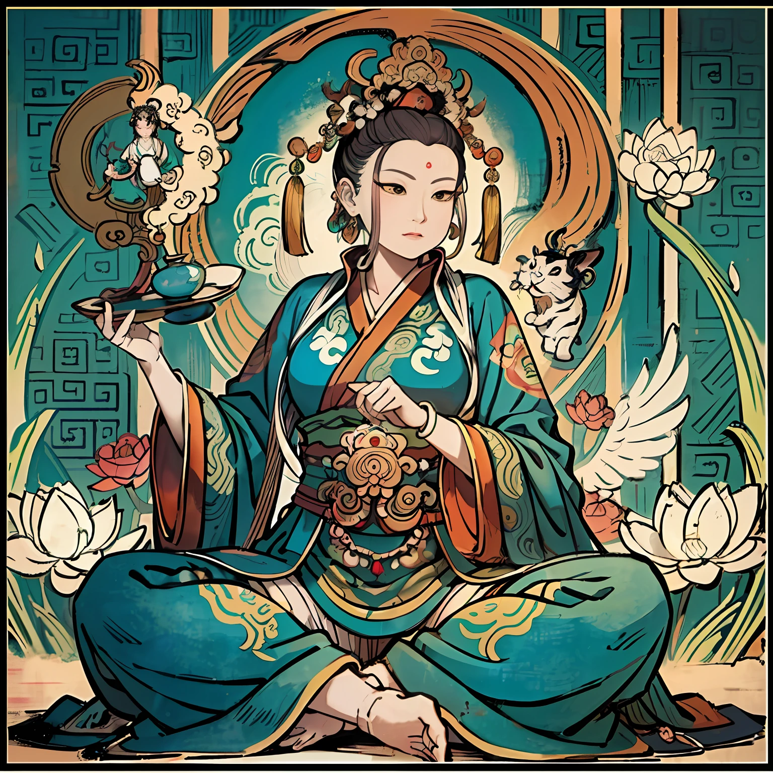 an ancient Chinese goddess, guanyin of the southern seas, Guanyin, Inspired by India, Avalokiteshvara Bodhisattva Tiger，,Serene expression,shui mo hua,Buddha,Buddhist,Lotus,Chinese painting style,Thangka style