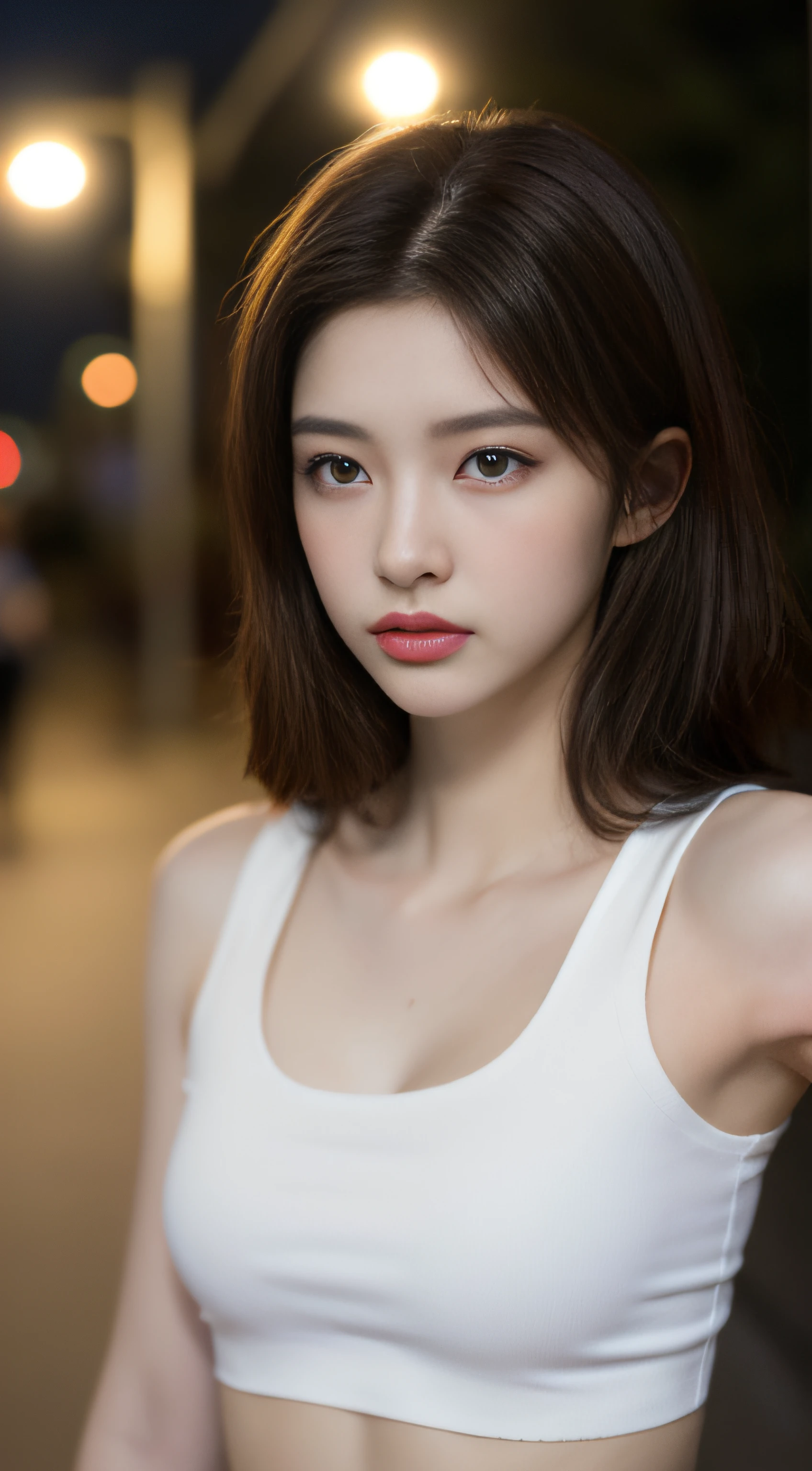 ((Realistic lighting, Best quality, 8K, Masterpiece: 1.3)), Clear focus: 1.2, 1girl, Perfect Figure: 1.4, Slim Abs: 1.1, ((Dark brown hair)), (White crop top: 1.4), (Outdoor, Night: 1.1), City streets, Super fine face, Fine eyes, Double eyelids,