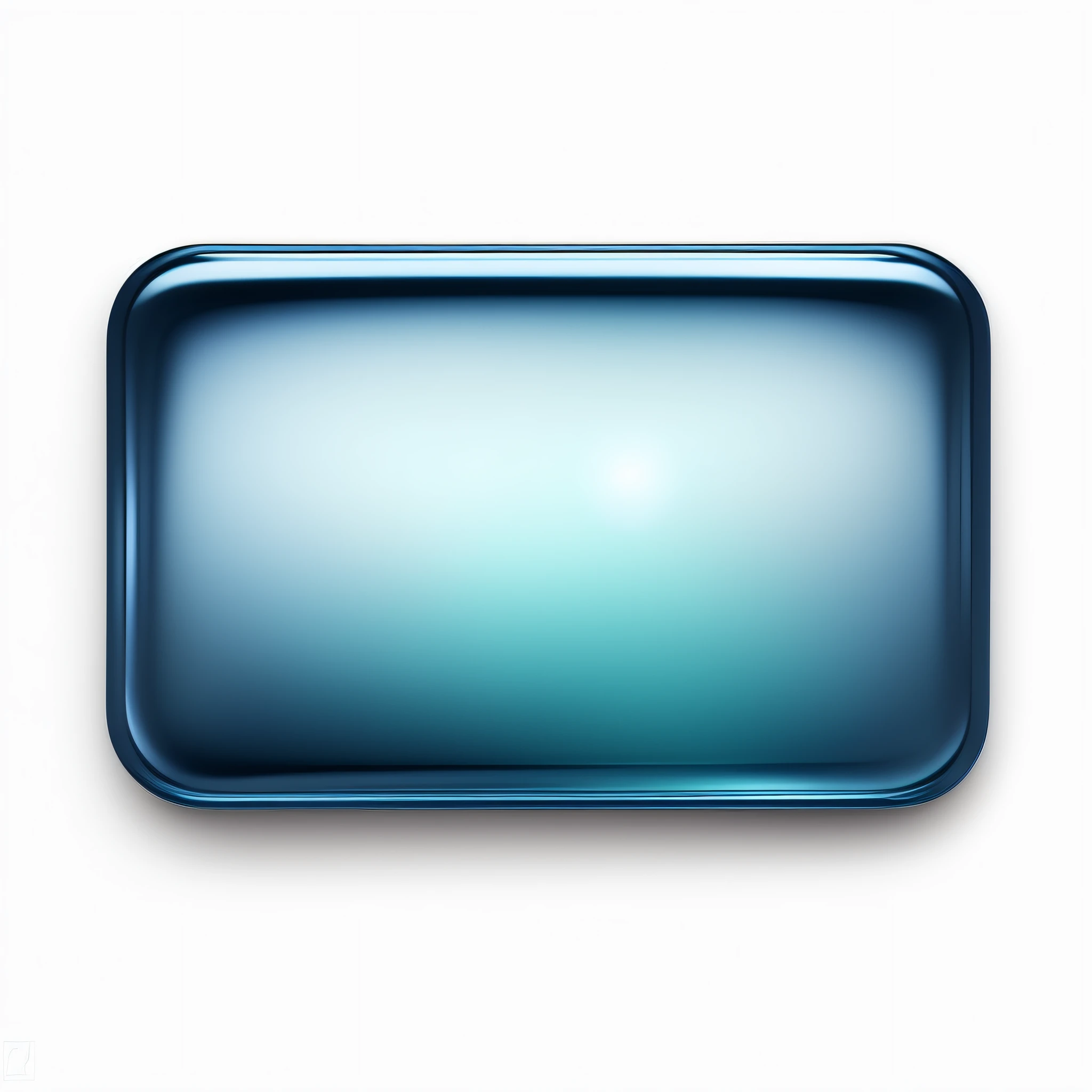 rectangular button in blue color, details with reflection of light on the plate, front view, white background