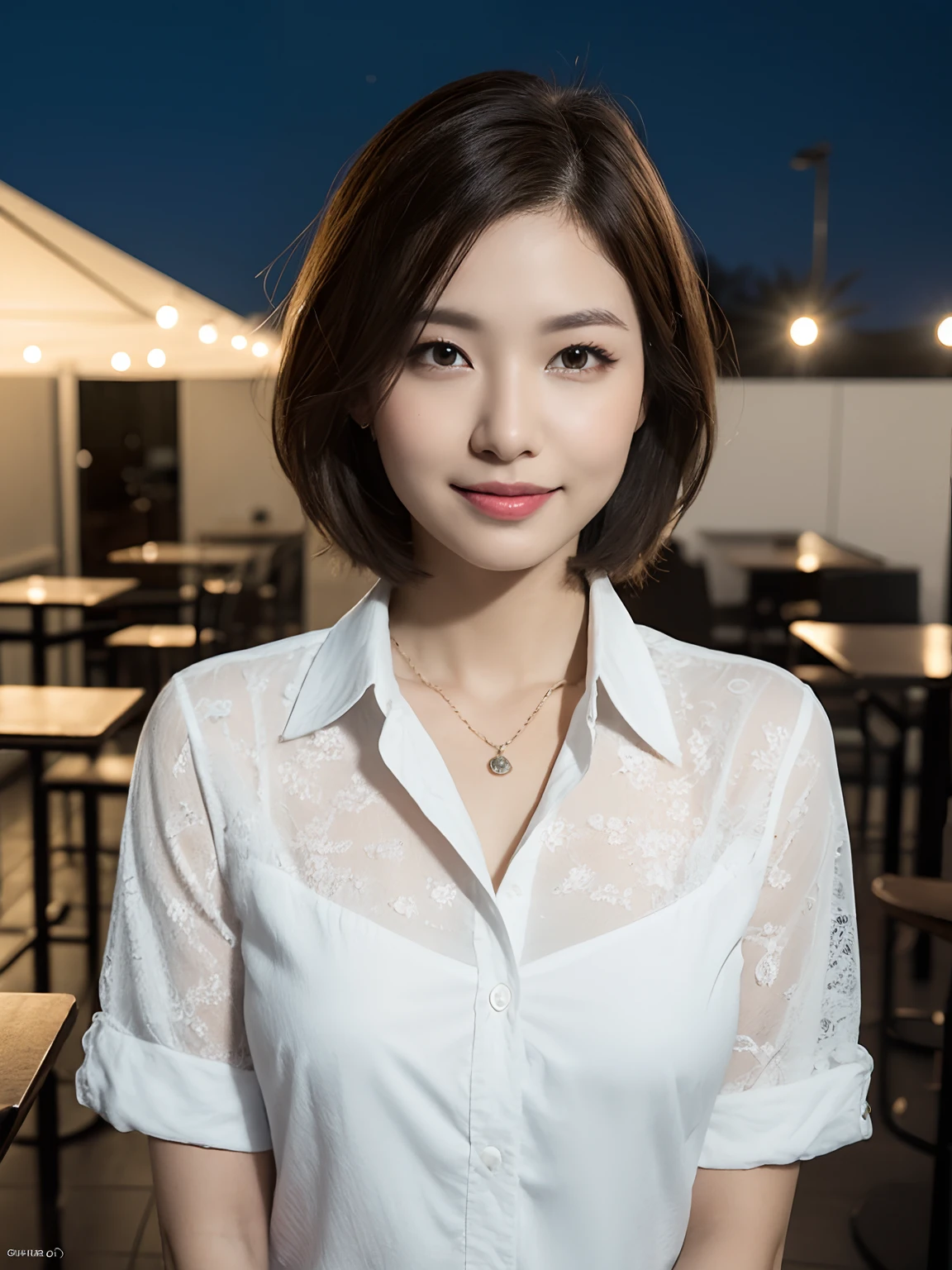 (64K,UHD,
best quality, masterpiece:1.2), (realistic, photo-realistic:1.37), ultra-detailed, 1 girl, cute, solo, beautiful detailed sky, detailed cafe, night, sitting, dating, (nose blush), (smile:1.15), (closed mouth) small breasts, beautiful detailed eyes, (collared shirt:1.1), night, wet, business attire, rain, white lace, (short hair:1.2), floating hair NovaFrogStyle, topless,
