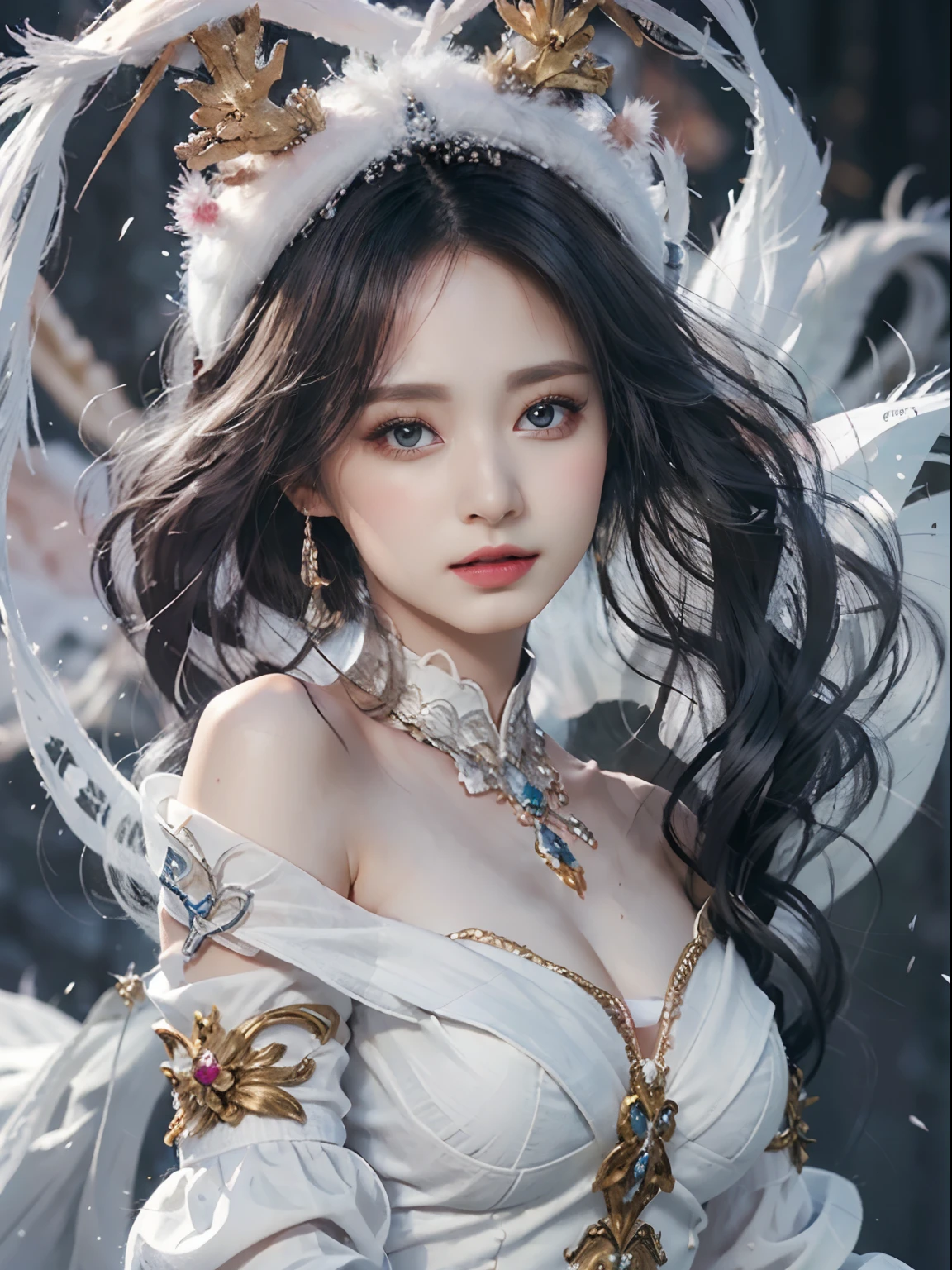 (Masterpiece, Top Quality, Best, Official Art, Beautiful and Aesthetic, Long Exposure: 1.2), Smooth Movement, Charming Patterns, 1 Girl, (Long Dress with Sleeves: 1.3), (((White Clothes) )), upper body close-up, bare shoulders, Chinese girl, blush, black lob hair, portrait, solo, upper body, looking at the observer, detailed background, detailed face, (crystallineAI, crystalline theme:1.1), elemental wind elves, rotation Wind, control the wind, white crystal clothing, dynamic pose, floating particles, ethereal dynamics, whirlwind, vapor, whirlwind in the background, white tone, whirlwind, ethereal atmosphere,