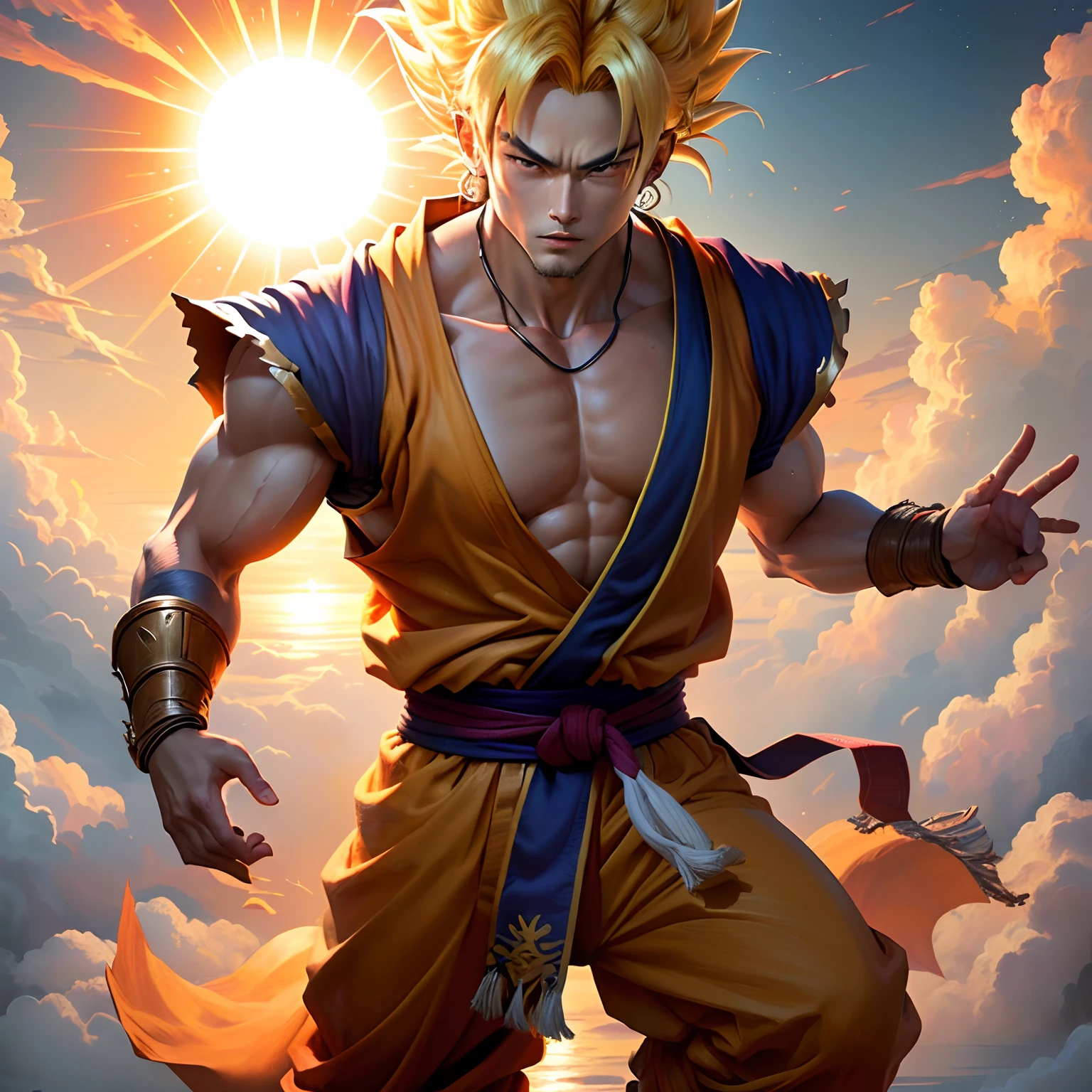 A realistic image in the wallpaper format of the God level goku with the sun on top of his hands
