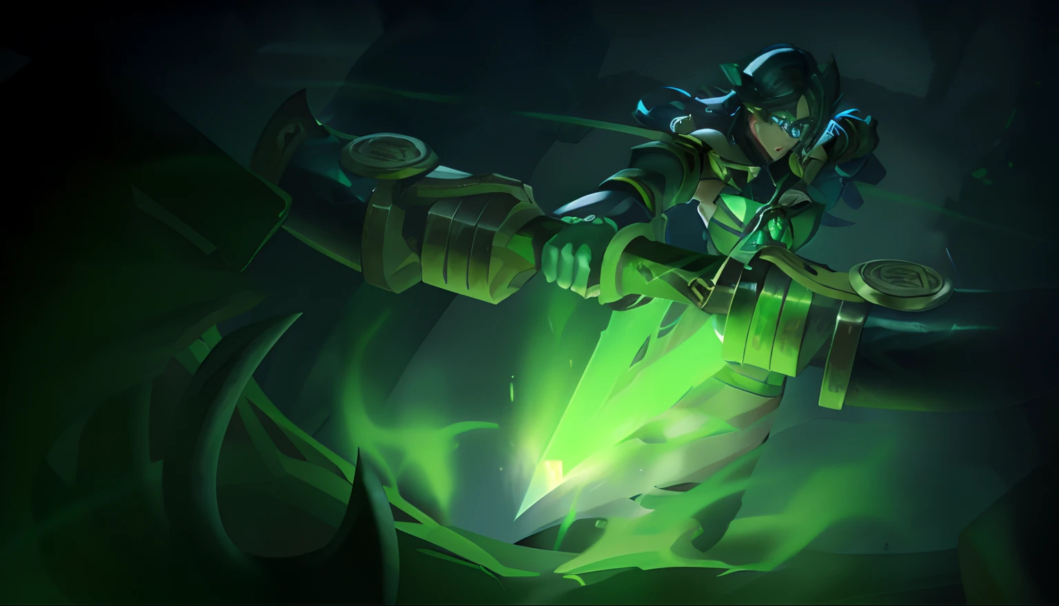 a close up of a person holding a sword in a dark room, amazing portrait of viego, official splash art, splash art, iconic character splash art, glowing green soul blade, leblanc, female lucio, character splash art, akali, wallpaper splash art promo art, geeen skin, arcane jayce, senna from league of legends