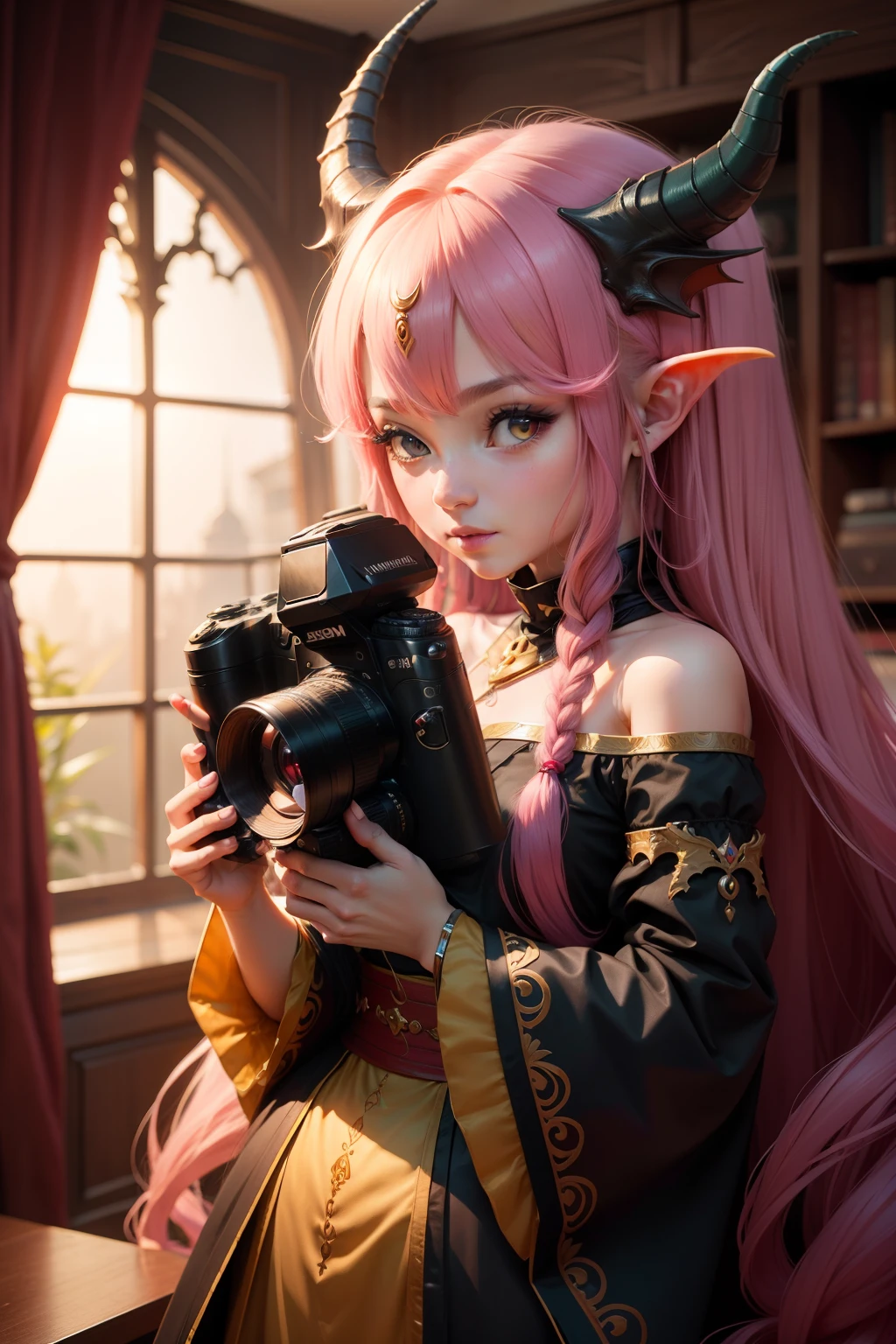 humanoid female cute dragon with long hair, kissing the viewer's camera