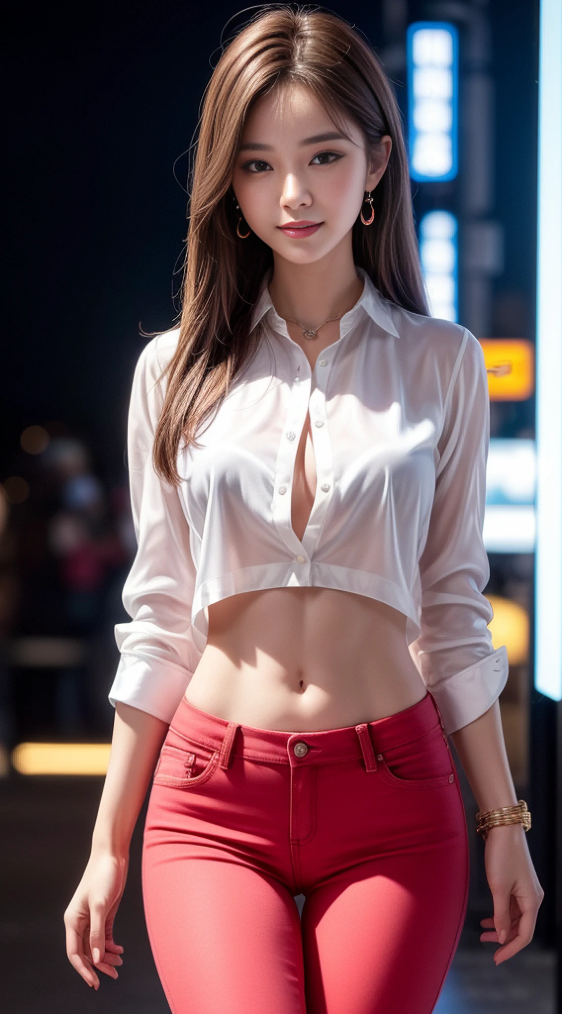 8k, masterpiece, RAW photo, best quality, photorealistic, extremely detailed CG unity 8k wallpaper, Depth of field, Cinematic Light, Lens Flare, Ray tracing, (extremely beautiful face, beautiful lips, beautiful eyes), intricate detail face, ((ultra detailed skin)) 1girl, in the dark, deep shadow, pretty korean girl, kpop idol, 1 girl, (very slim slender fit-muscled body:1.3), ((looking at viewer)),(big smile:1.3), (tight pink pants), (laced mini pants), (midnight, dark night, (neon sign), (blurred background), dim light), (without people in the background:1.3), beautiful earrings, bracelets, necklace, pantyhose, clear eyes, walking , front shot, (pale skin), (big eyes), face forward, (full body shot), ((silk shirt)), (brown hairs), open navel, (looking at viewer:1.3) very slim, medium breasts, medium butt, see through