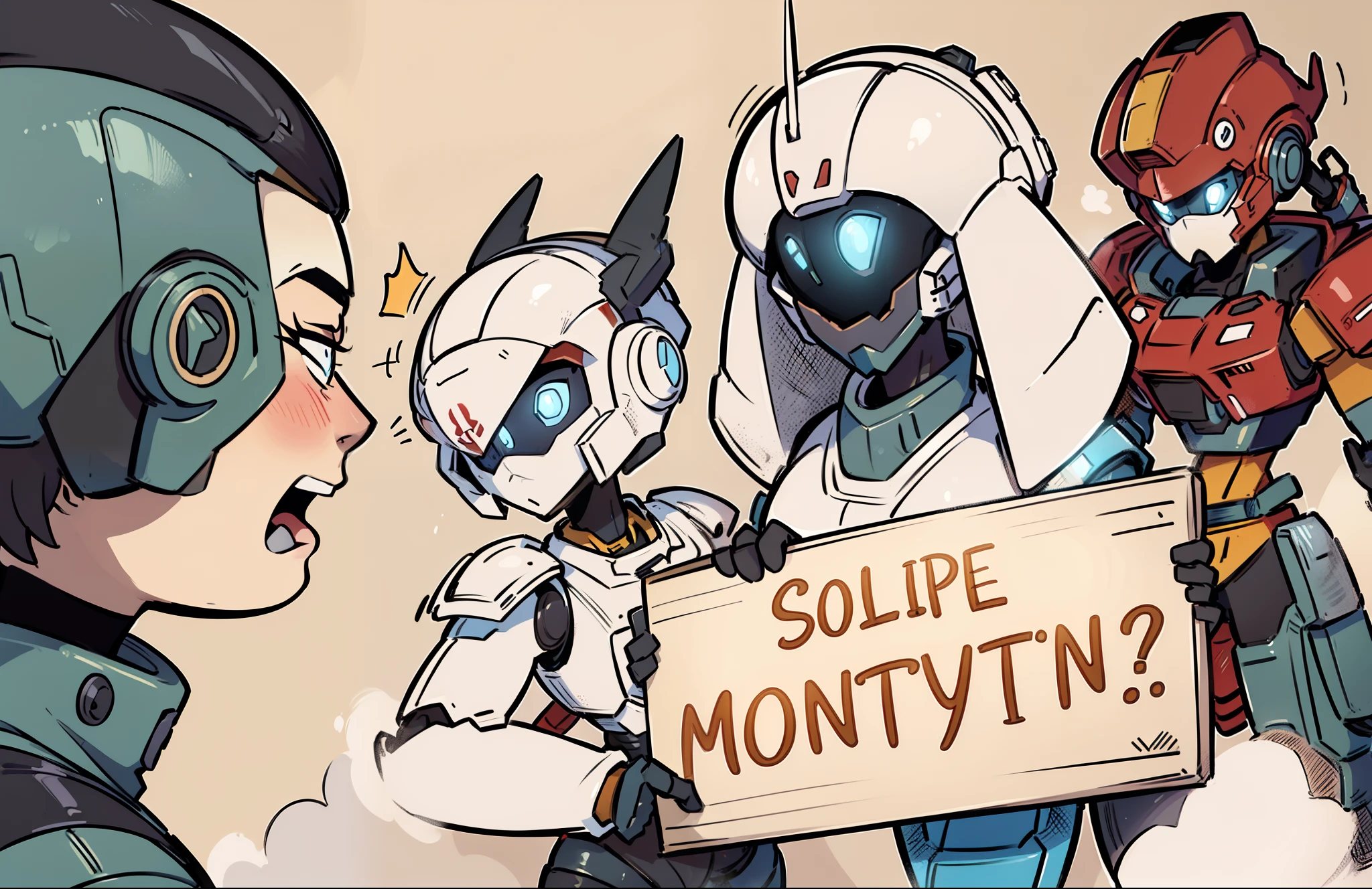 ((masterpiece)),(((best quality))),(epic moment in life), 1male soldier, 3women robots, wife, holding sign, cartoonish, mecha anime.