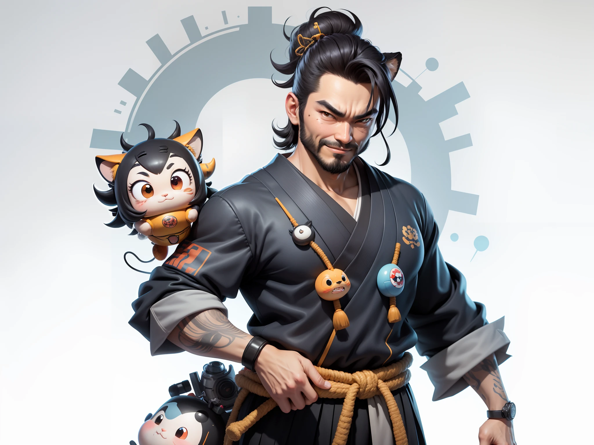 (Daisaku),(Need),(Super meticulous),(full bodyesbian:1.2),Super young man with Japanese geisha,Beautiful,orient,one tiger,Aeolian Thor,Raised sexy,爆乳,Oriental face,TV Anchor,Bust portrait illustration,In black suit,a blue tie,The face is slightly chubby,The face was clean,without a beard,Black super short hair,Black eyes,Smile confidently,3C computer sub-products,iPad, iphone,Digital painting,3D character design by Mark Clairen and Pixar and Hayao Miyazaki and Akira Toriyama,The illustration is a high-definition illustration in 4K resolution,With very detailed facial features and cartoon-style visuals。
