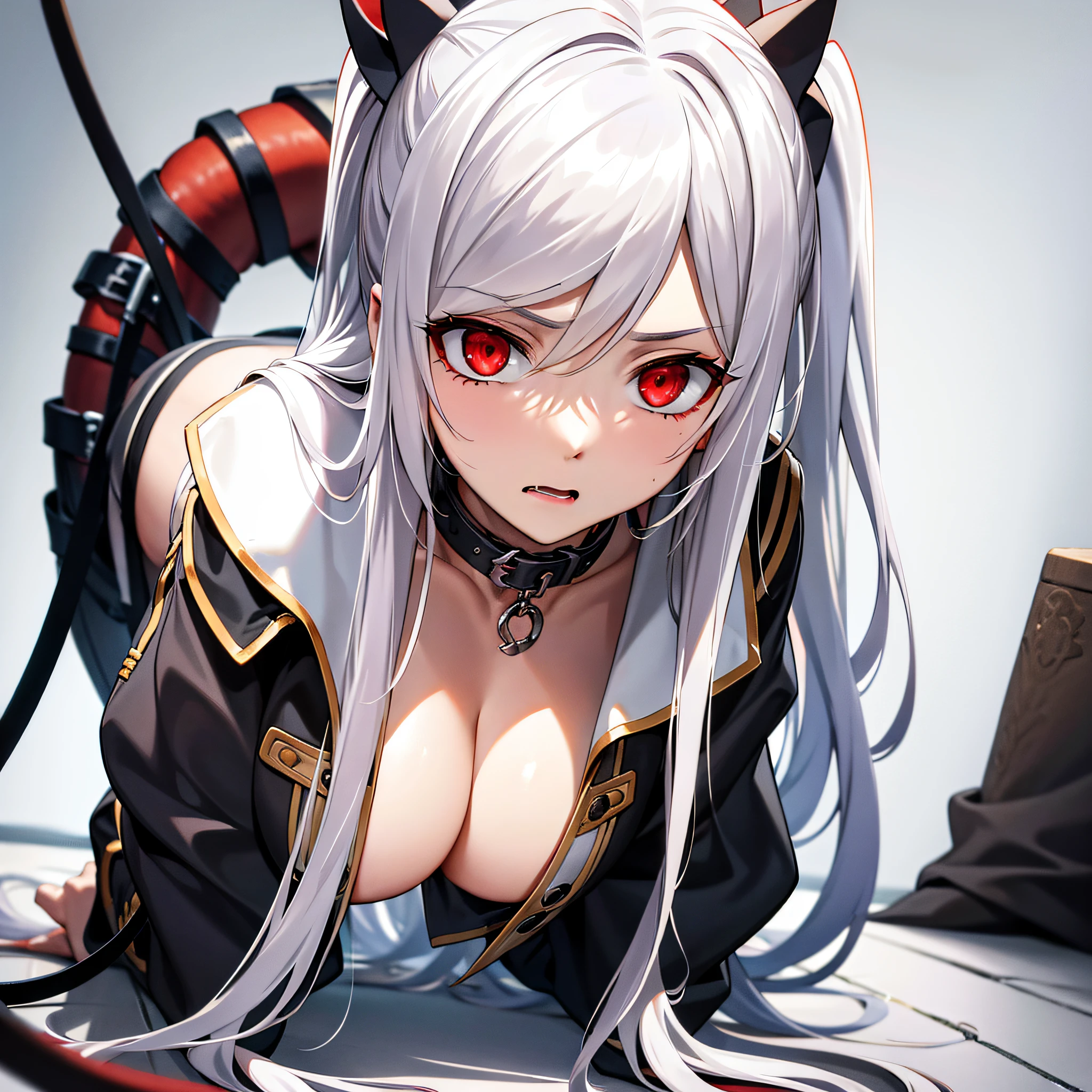 CRAWL,collar,leash,tied up,bondage,scared expression,white hair,red eyes,naked