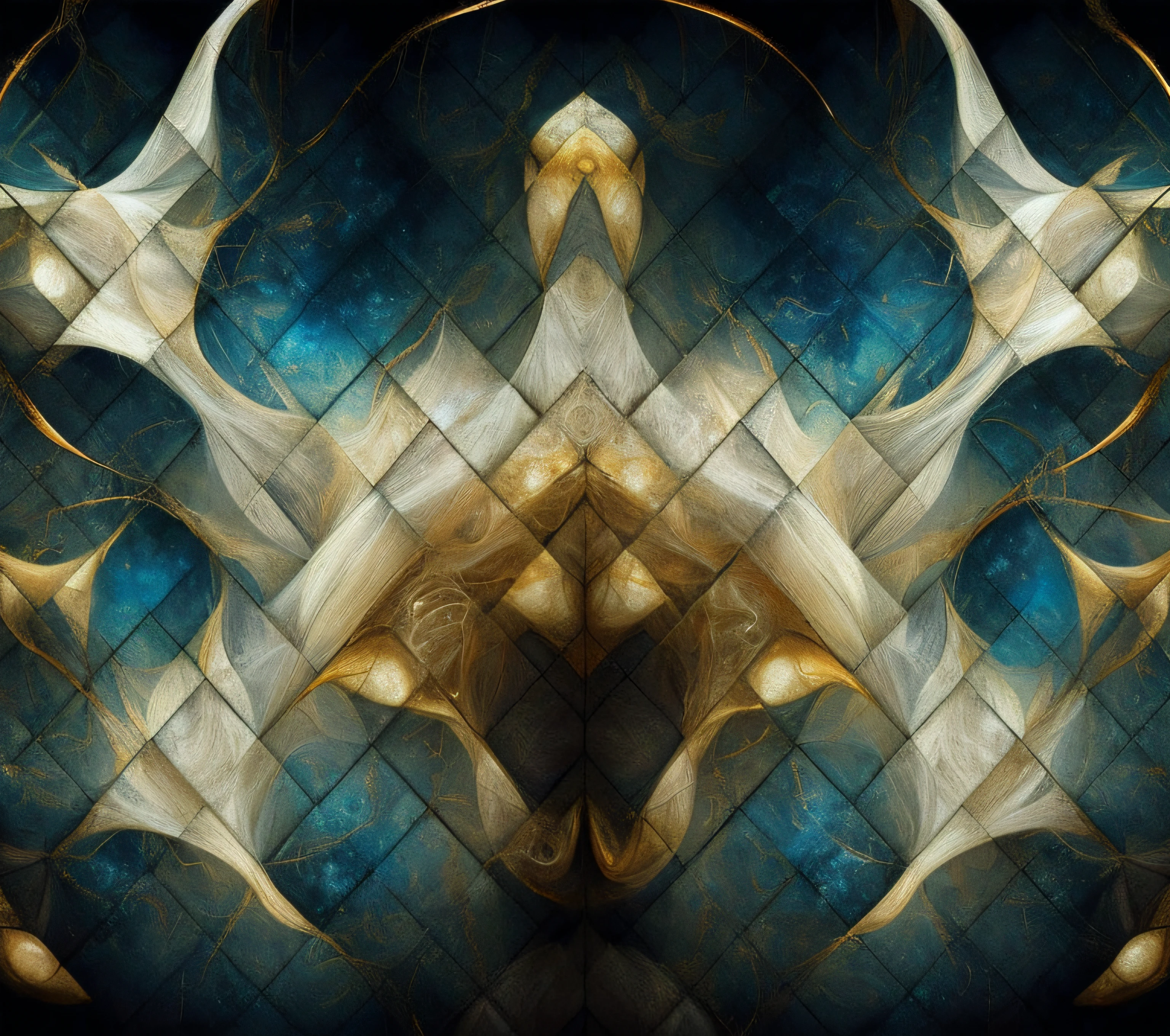 um close up de um design abstrato azul e dourado, Symmetrical Epic Fantasy Art, textura fractal, coherent and symmetrical works of art, simetria fractal, Arte fractal abstrata, intricate fractal abstraction, detalhes fractais pele de diamante, beautifully symmetrical, formas abstratas espirituais, estilo fractal, pele fractal, symmetrical fantasy landscape, Resumo intrincado, cacos e fractal do infinito, barroco fractal