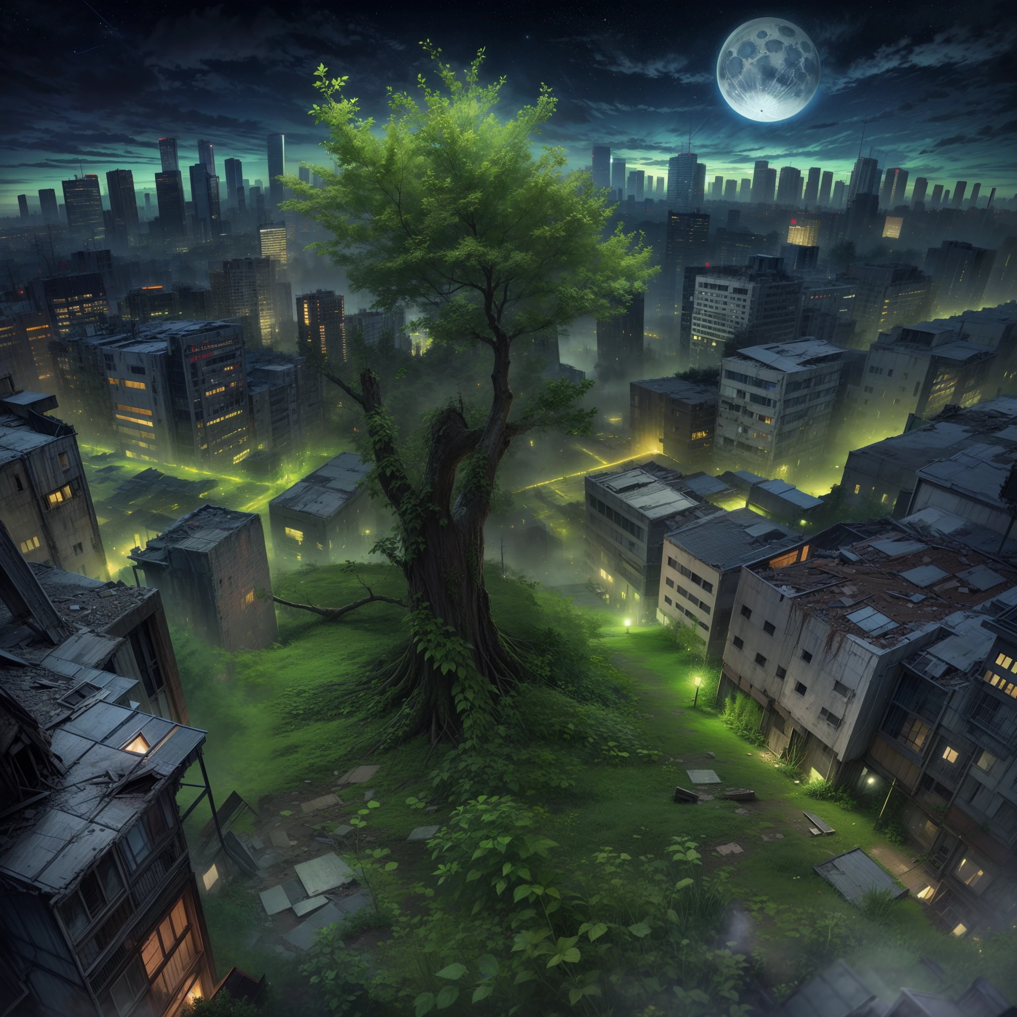 (masterpiece,relistic,Perspective,,[deserted city of doom:5]),A sapling absorbing moonlight in a ragged room, outside the window deserted high-rises stacked on top of each other, and a starry night sky.Top-down view of the sapling, The setting is a lifeless, rundown no light city completely destroyed by the apocalypse,