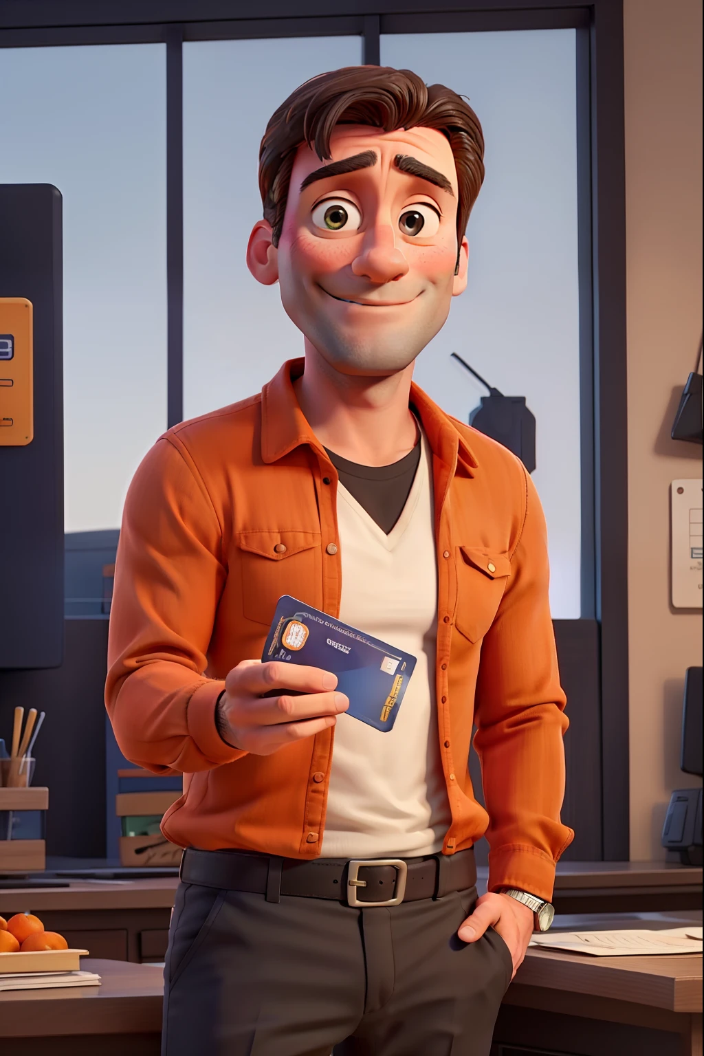 Jon Hamm was wearing an orange shirt and black pants holding a credit card and pointing at it and smiling