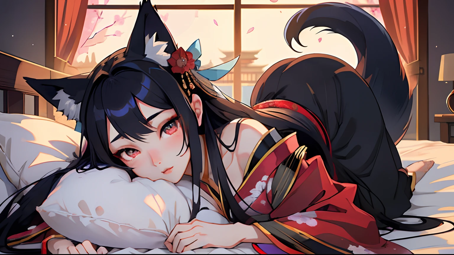 High quality, masutepiece, 1girl in, Fox Woman、Very beautiful adult woman、A detailed face、high-level image quality、细致背景、She wears a very beautiful red kimono、Sleepy face、very long beautiful black hair、Her eyes are a beautiful blue color.、The inside of the eye shines like a diamond、waking up、Fox ears are white、Bust D、rub your eyes sleepily、（very long and beautiful shiny black hair,,,,,,,）(Fox ears are white)Clear sky from window on background、a very beautiful woman