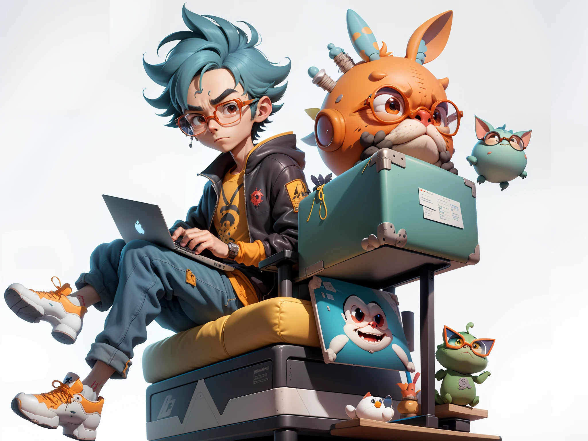 A young man with glasses sits at his desk,holding laptop,digitial painting,3D character design by Mark Clairen and Pixar and Hayao Miyazaki and Akira Toriyama,4K HD illustration,Very detailed facial features and cartoon-style visuals。