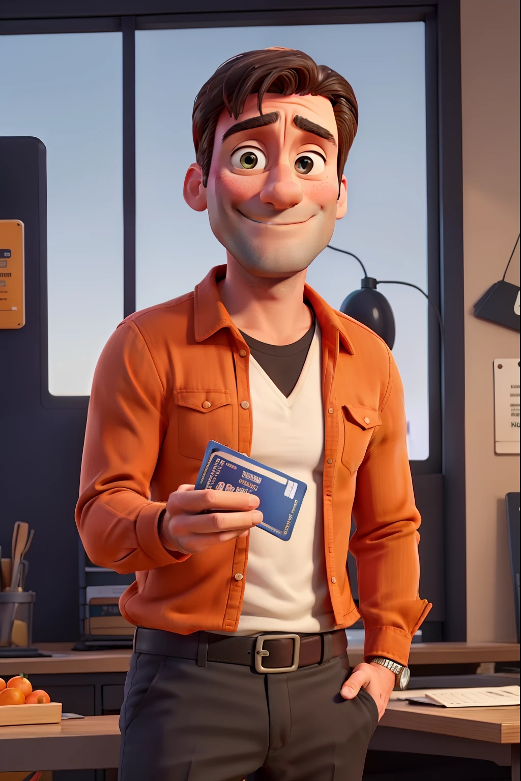 Jon Hamm was wearing an orange shirt and black pants holding a credit card and pointing at it and smiling