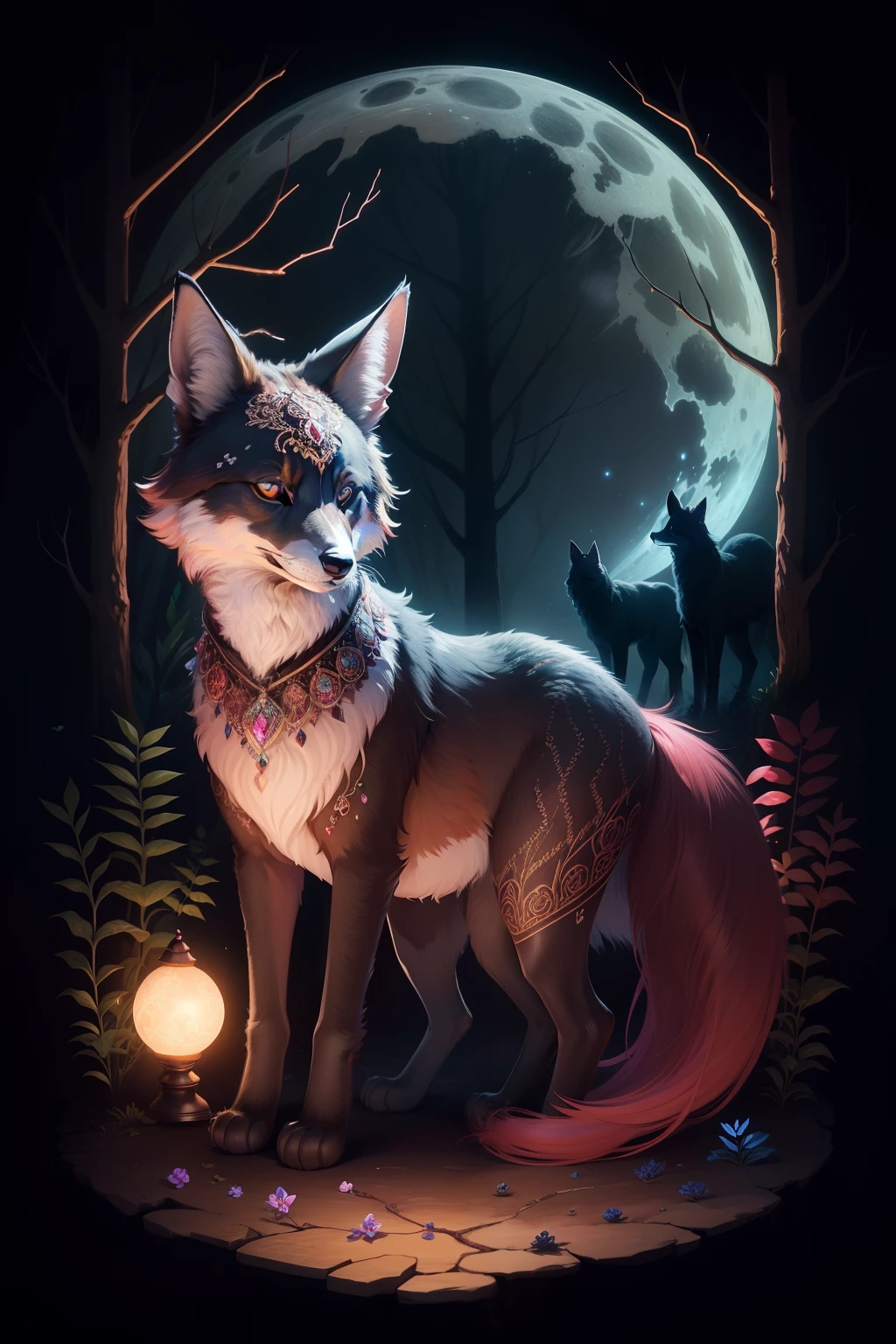 a very cute, (maned wolf cat forest fox hybrid animal), solid rich deep brown fur color, very dark forest trail, multi-shades of maroon night flowers that border the trail, wearing a glowing enchanted gemmed collar with bioluminescent blue diamond collar pendant, bioluminescent, full moon-lit, iconography, hints of maroon color, ultra detailed, beautiful and aesthetic, High quality, beautiful, masterpiece, best quality, (zentangle, mandala, tangle, entangle :0.6), 24k resolution, photorealistic.