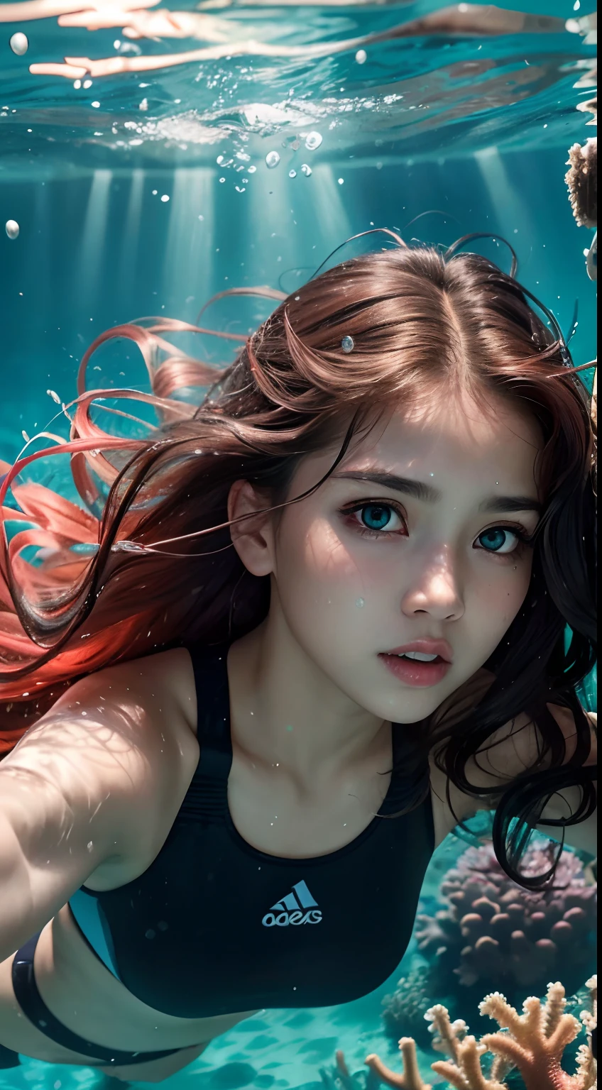 absurdres, highres, ultra detailed, 1 malay girl, solo, extremely detailed eyes, multicolored hair, hair in water effect, wavy hair, coral eyes, , Diving_underwater_to_view_marine_life,, heavy breathing (realistic)
