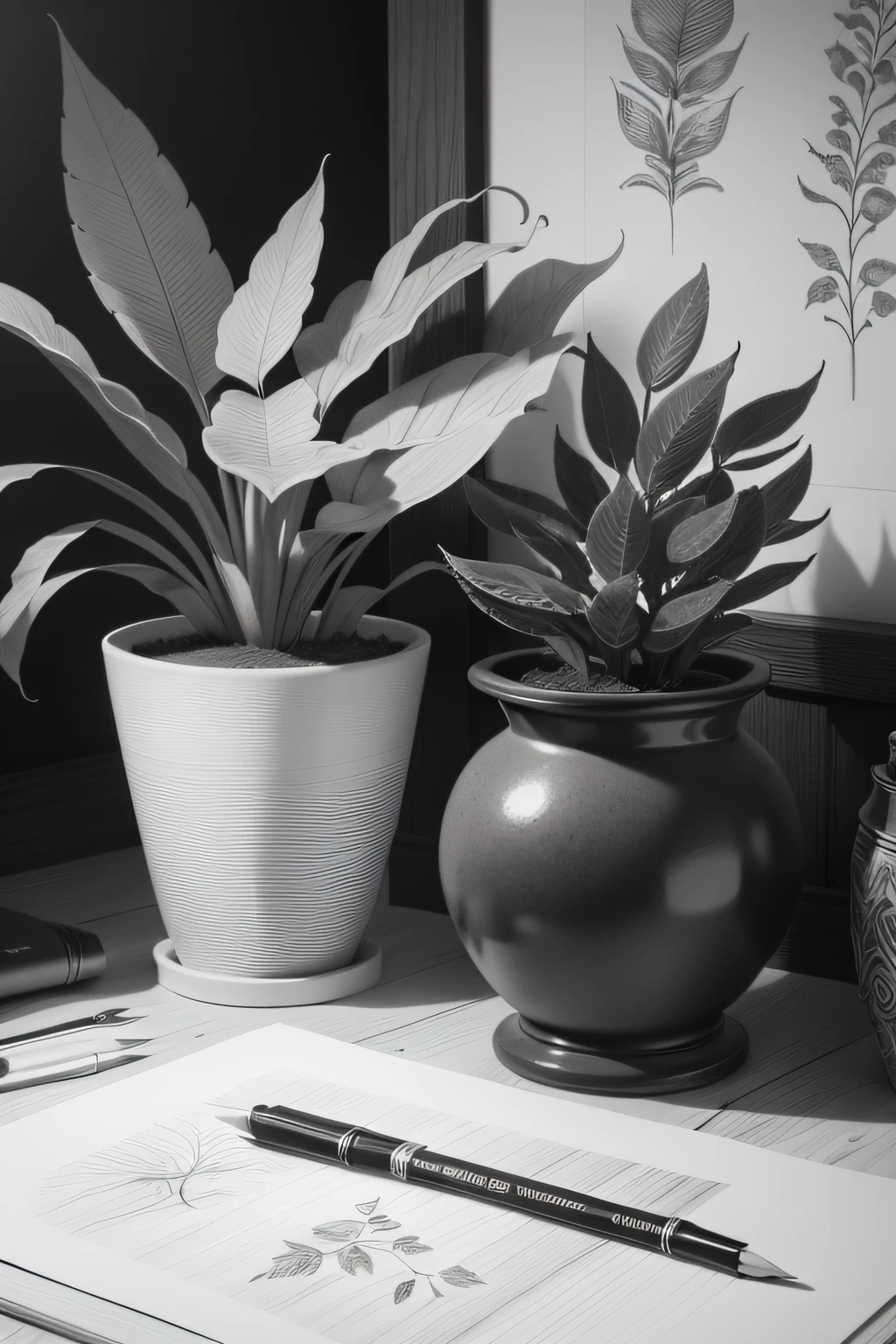 detailed pencil drawing of plants in black and white without background
