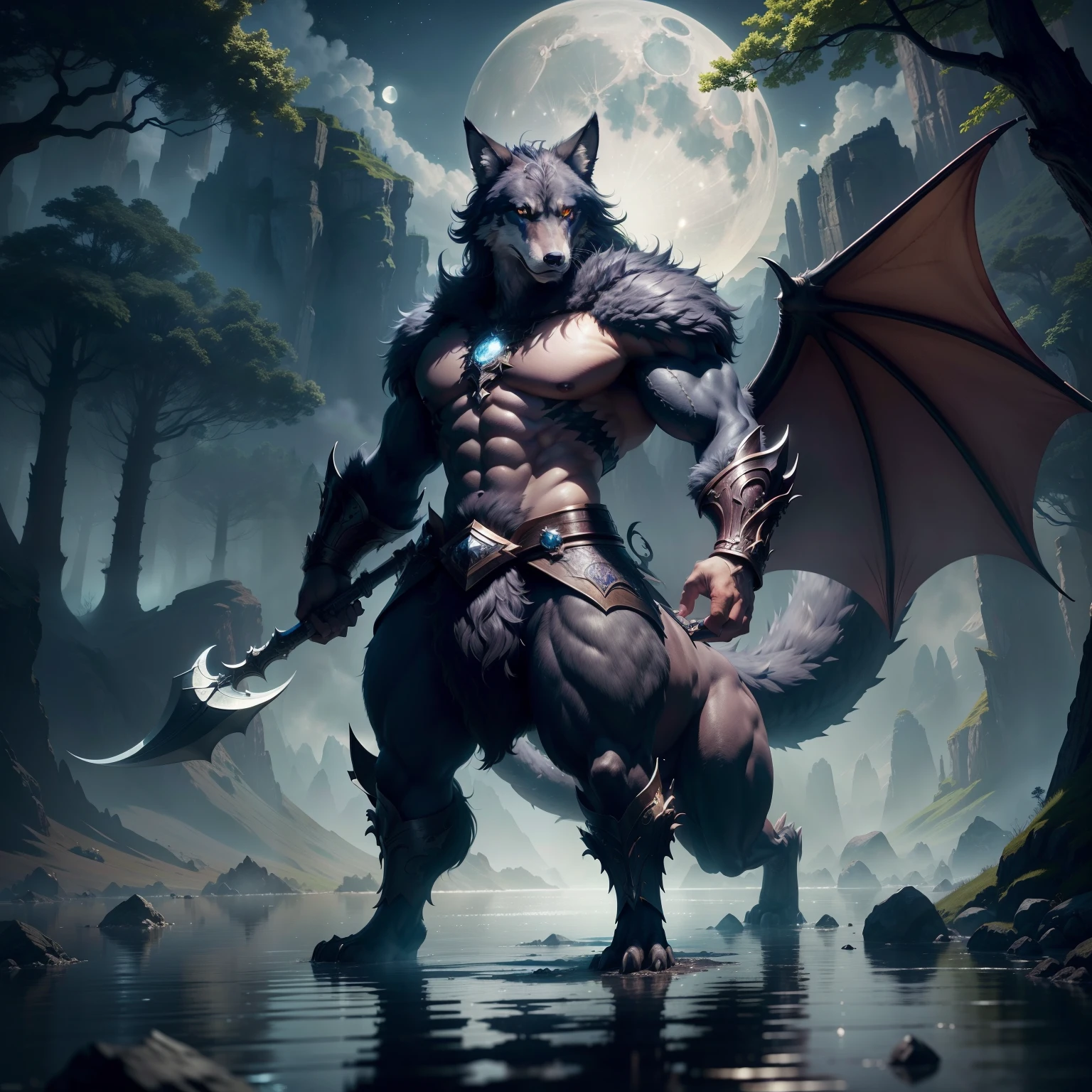 tmasterpiece,Best quality at best,high high quality,the Extremely Detailed CG Unity 8K Wallpapers,An enchanting and dreamy scene of a fantasy forest,Towering trees,Mountains and lakes with the moon in the sky,Highly detailed digital art in 4K,4K HD wallpapers very detailed,impressive fantasy landscape,Sci-fi fantasy desktop wallpaper,Unreal Engine 4K wallpapers,4K detailed digital art,Sci-fi fantasy wallpaper,Epic dreamy fantasy landscape,4k hd matte digital painting,8K stunning artwork,half wolf, The half-dragon stands on its hind legs,Sideways photo,There are extra-long dragon tails。There are vertical scales on the back。The eyes are fierce。Has big furry ears。The villain is handsome,Strong and powerful, Dramatic cinematic details fur, hyper realistic fur, highly realistic photograph, cinematic full body shot, cinematic full shot, guardian of the holy lake, adventure hyper realistic render, volumetric fur, ultra-realistic picture, Make a gesture of majesty, hyperreal rendering,A combination of mythical creatures, The perfect combination of wolf and dragon