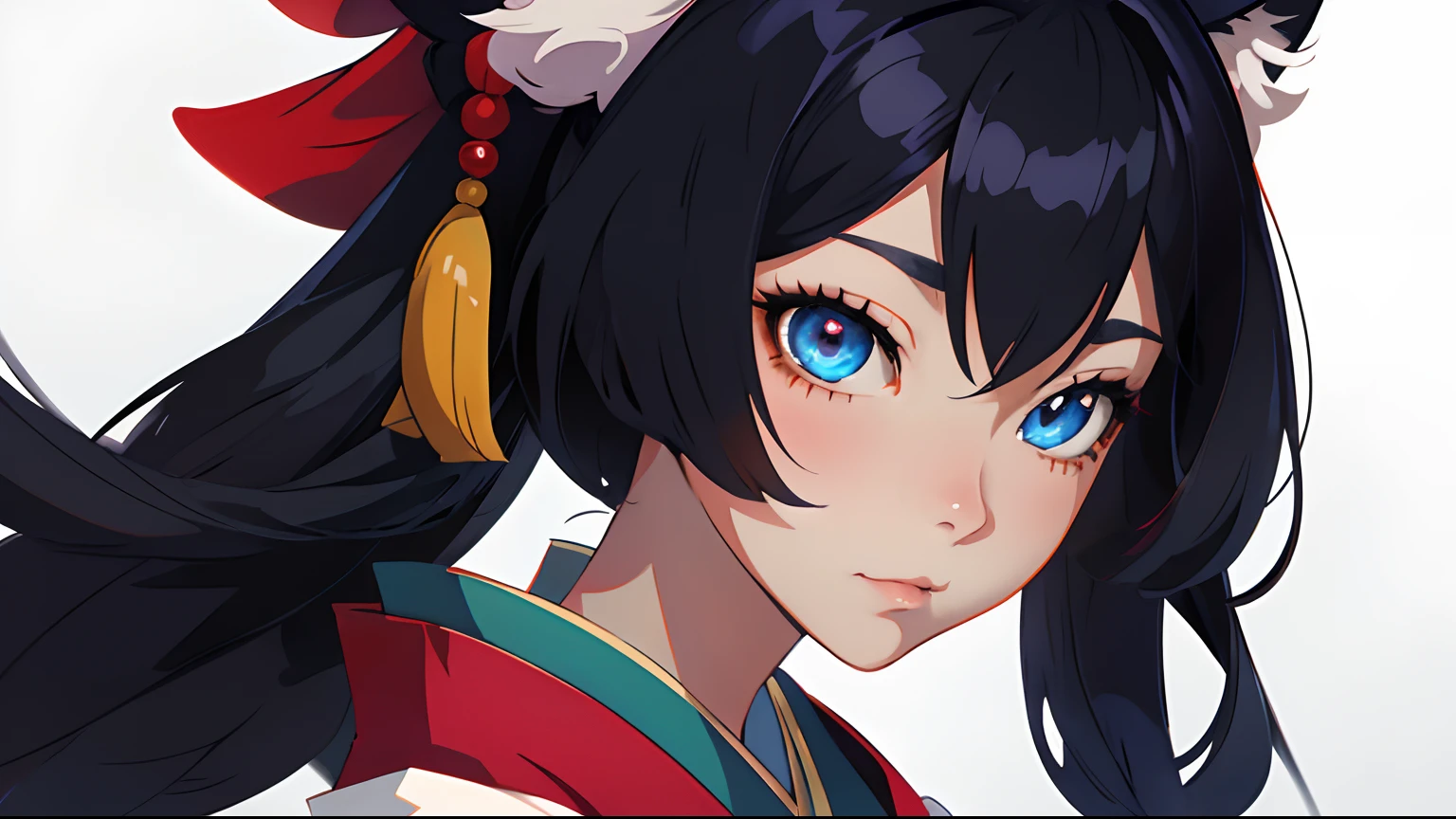 High quality, masutepiece, 1girl in, Fox Woman、Very beautiful adult woman、A detailed face、high-level image quality、细致背景、She wears a very beautiful red kimono、Sleepy face、very long beautiful black hair、Her eyes are a beautiful blue color.、The inside of the eye shines like a diamond、Fox ears are white、Bust D、(very long and beautiful shiny black hair,,,,,,,)(Fox ears are white)、Very Beautiful Woman Anime Girl With Long Black Hair And Red And White Kimono, portrait onmyoji, onmyoji detailed art, Onmyoji, artgerm and atey ghailan, anime style 4 k, Anime girl with fox ears, beautiful anime catgirl, anime style artwork, by Yang J, digital anime illustration, portrait of ahri, anime style illustration、Cheerful pose