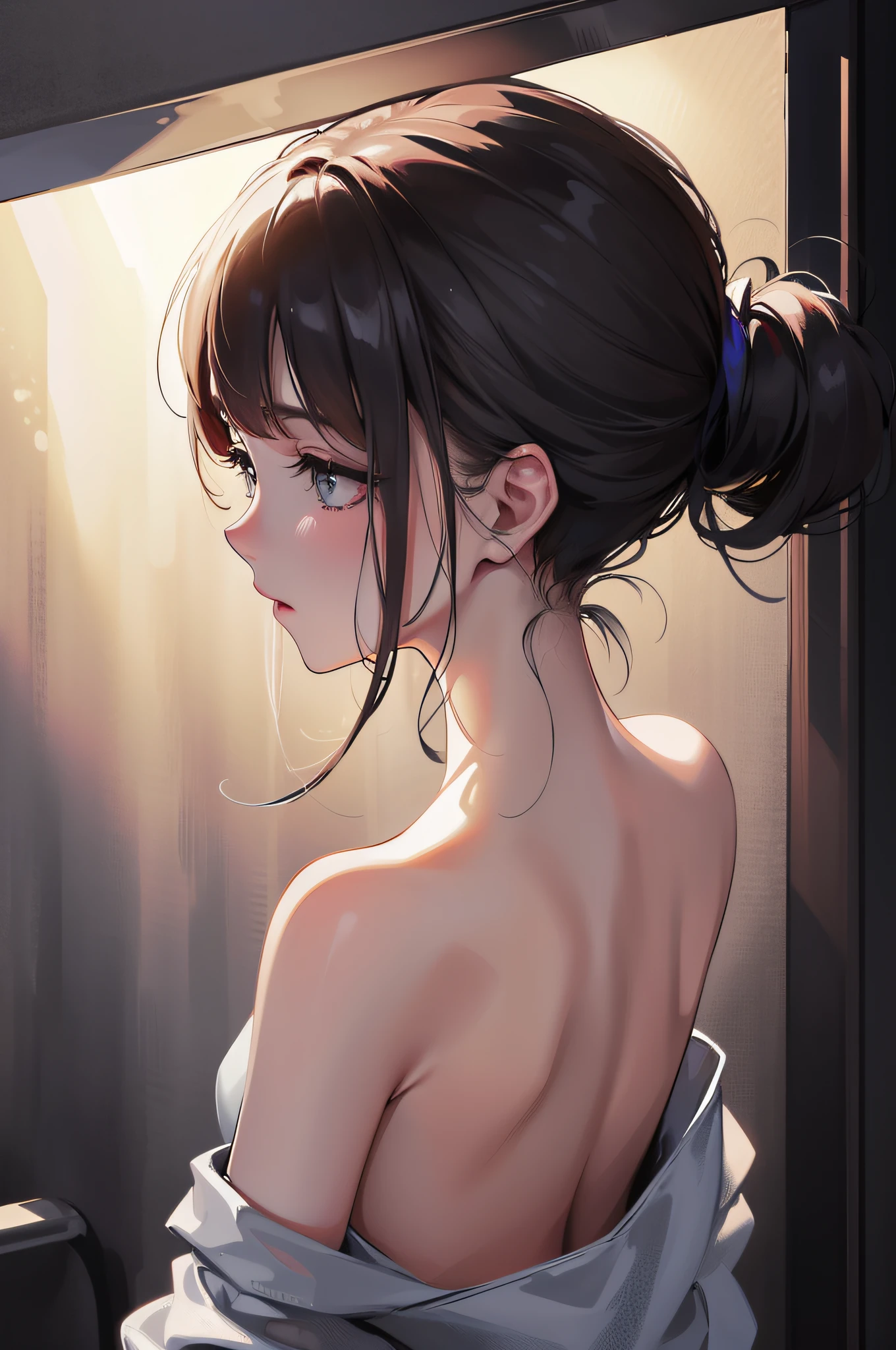 one-girl，bathe，bshoulders，back，Look back at the camera，Shower，Press the back of your head with both hands，deep shading，cold light，low tune，in the darkness nigth，RAW photogr，best qualtiy，tmasterpiece，Ultra-high resolution，Realistic1.5