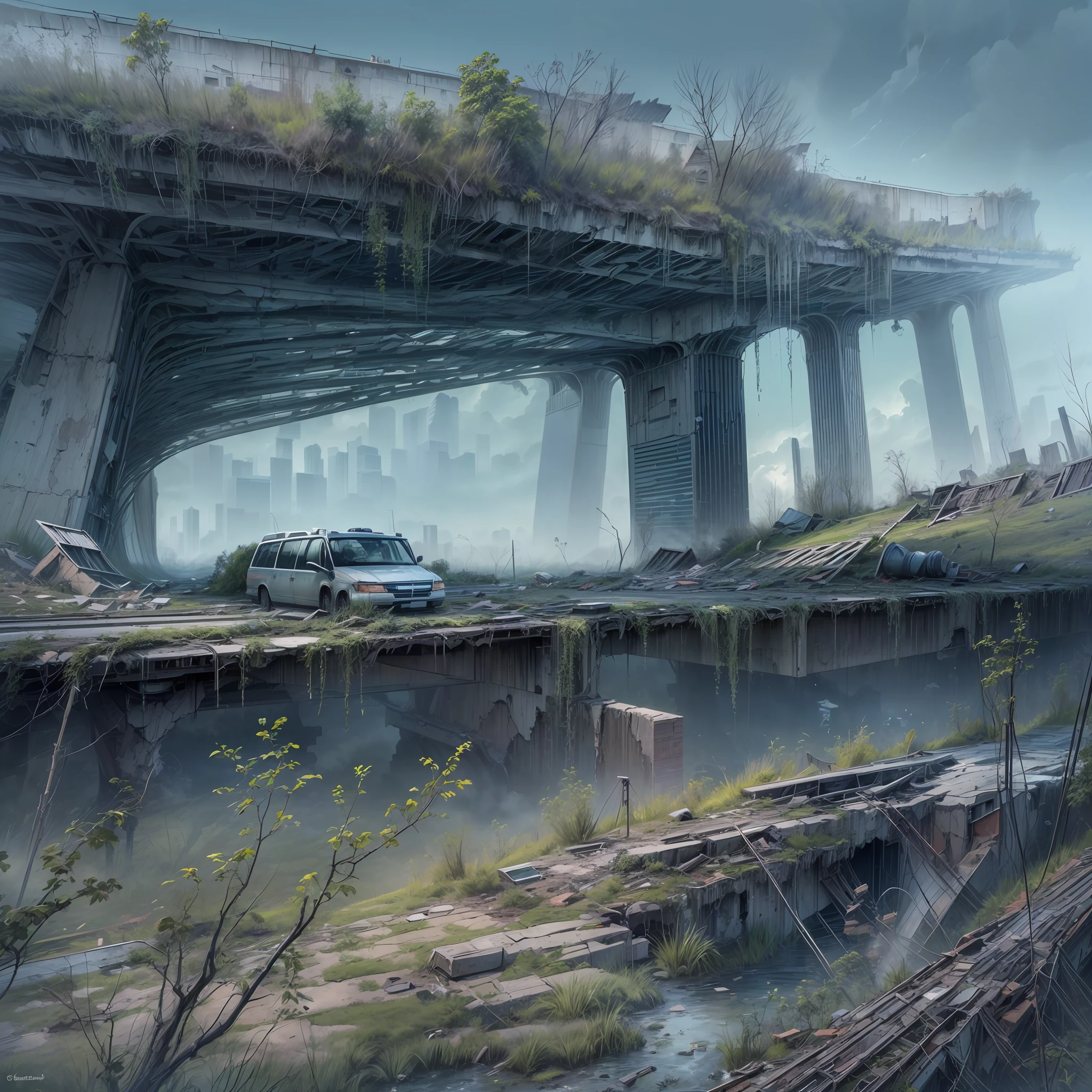 (masterpiece,relistic,post-apocalyptic [city:15]A cluster of grass striving to survive in highway ruins, next to a distorted deformed ring road bridge. Looking up at grass from below, damaged bridge structures overhead. Greyish blue toned Post-Impressionist style.