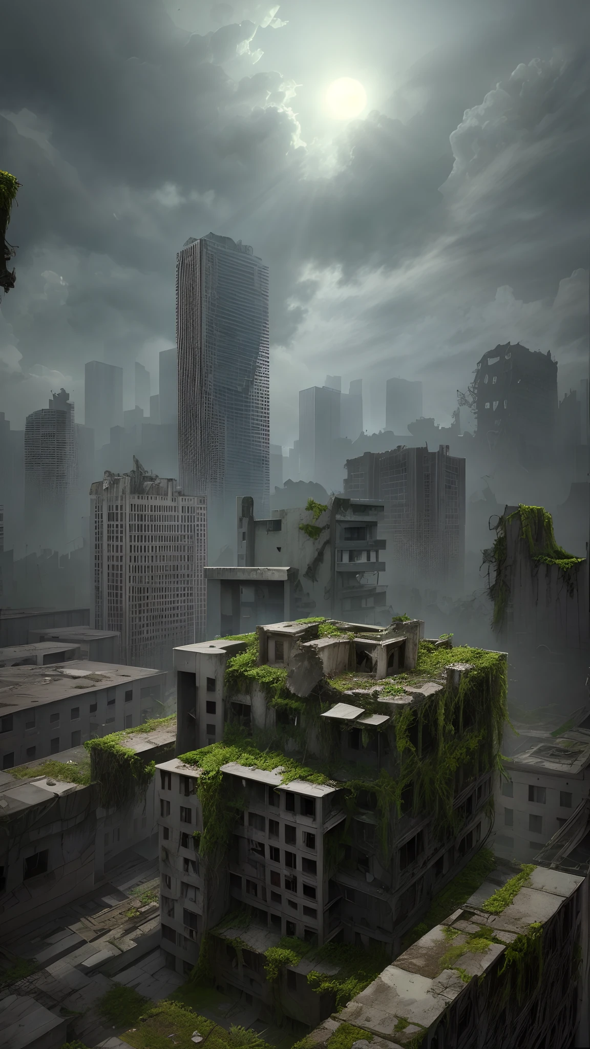 High angle of view,city ruins,1 dilapidated high-rise building,mossy,Dilapidated buildings,tmasterpiece,lightand shade contrast,4K