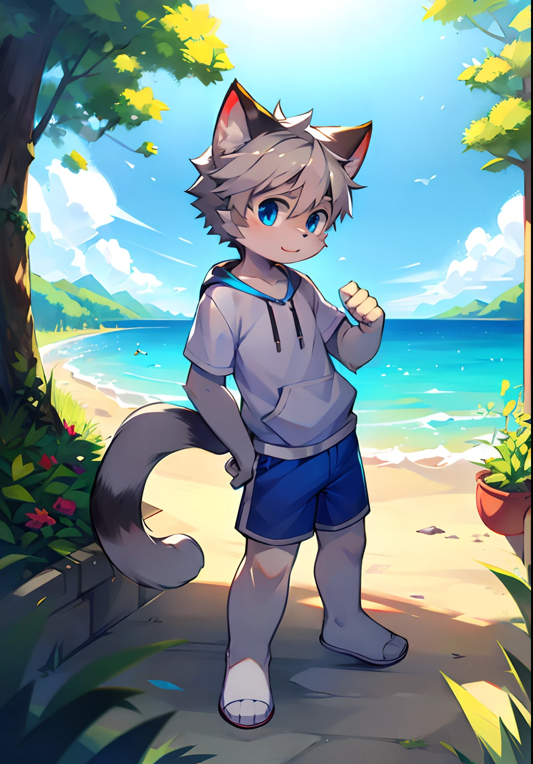 Bright eyes, panorama, character focus solo, furry, furry male cat, male gray fur, blue eyes, gray hair (long), wearing blue shorts and shorts, casual clothing, young style, height one meter seven, handsome, has a tail,