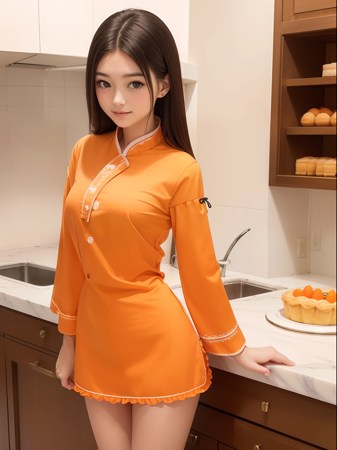 masuter piece, best qualtiy, ((Real Model Shots)), 8K picture quality, ((1 persons)), extremely delicate and beautiful, magnifica, Official art with attention to detail, (Cute girl at 18 years old), (Petite and pretty girl), (japanese beauty girl), ((Perfect female figure)), large full breasts, Slim waist, big butts, Black hair, (((Cute orange long sleeve pastry chef clothes))), Cooking clothes, Whole cakes, atelier, Cake shop, ssmile, ((Anna Millers))
