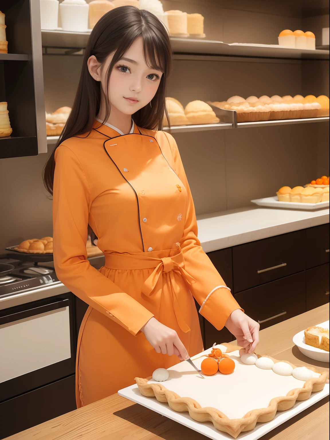 masuter piece, best qualtiy, ((Real Model Shots)), 8K picture quality, ((1 persons)), extremely delicate and beautiful, magnifica, Official art with attention to detail, (Cute girl at 18 years old), (Petite and pretty girl), (japanese beauty girl), ((Perfect female figure)), large full breasts, Slim waist, big butts, Black hair, (((Cute orange long sleeve pastry chef clothes))), Cooking clothes, Whole cakes, atelier, Cake shop, ssmile, ((Anna Millers))