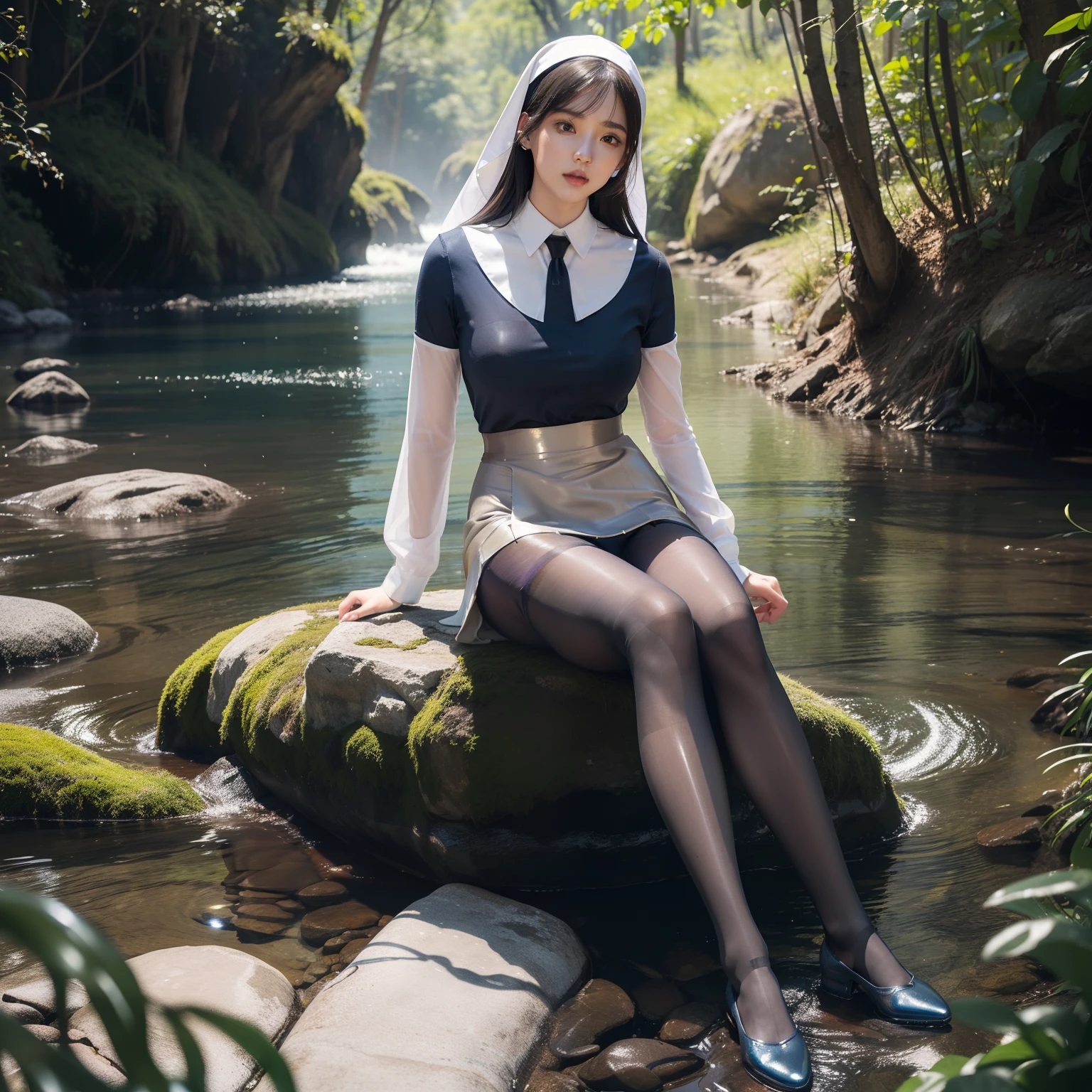 (full body:2)，(1girl:1.3),(view the viewer:1.4)，(anatomy correct:1.45),(Sitting by the creek,:1.35),(Polished metal pantyhose:2),(A mature and sensual woman Wear printed fantasy nun suit JK student uniform pleated skirt and polished JK uniform leather shoes :1.35)，(A woman with large buttocks, breasts, and a slender waist:1.4), (Light particle effect:1.3),(In pink | amarelo | blue colors| green color |red color | white colors| black in color| purplish color| greys| Beige| Flesh color 1.4)，(Glowing eyes:1.3),(Large amplitude action: 1.3)，(Accurate and perfect face:1.4),hyper HD, Ray traching, reflective light，structurally correct, Award-Awarded, high detail, lighten shade contrast, Face lighting ，cinmatic lighting, masterpiece, super detailing, high quality, high detail, best quality, 16k，High contrast,