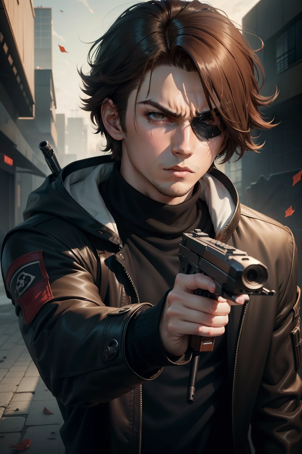 1 young man with brown hair, left eyepatch, long black sweater, angry, anime, left eyepatch, anime, a gun.