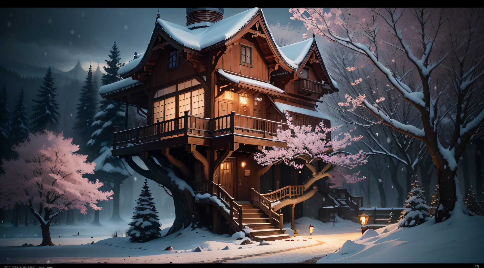 THE CHERRY BLOSSOM TREE HOUSE + beautiful ornate treehouse in a gigantic pink cherry blossom tree + on a high blue grey and brown cliff with light snow and pink cherry blossom trees + Roger Deakins and Moebius and Alphonse Much and Guweiz + Intricate details, very realistic, cinematic lighting, volumetric lighting, photographic, + blur bokeh defocus dof + hazy clouds, night, garden +snow