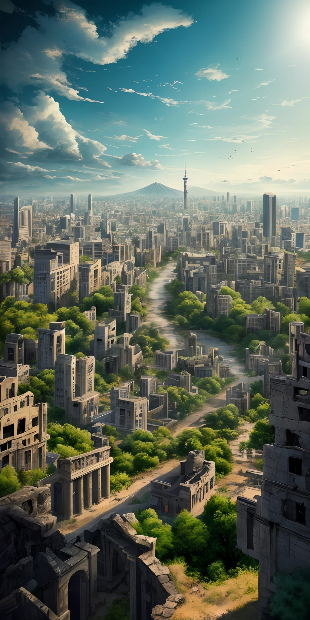 tmasterpiece, Escher, Dramatic skies, comets, Multi-colored sky, best qualtiy, high qulity, the Extremely Detailed CG Unity 8K Wallpapers, The landscape, city ruins background, Tokyo city ruins in the background, 废墟, toyko, ((ruins landscape)), ((The apocalyptic city)), ((city ruins)), exteriors, Skysky, Clouds, Skysky, No Man, mont, scenecy, The tree, blue-sky, precipice, naturey, mostly cloudy sky, award winning photography, bokeh, depth of fields, HDR, Flood, color difference, photorealisti, high detal, dramatics, halfway art, style of anime, illustratio,