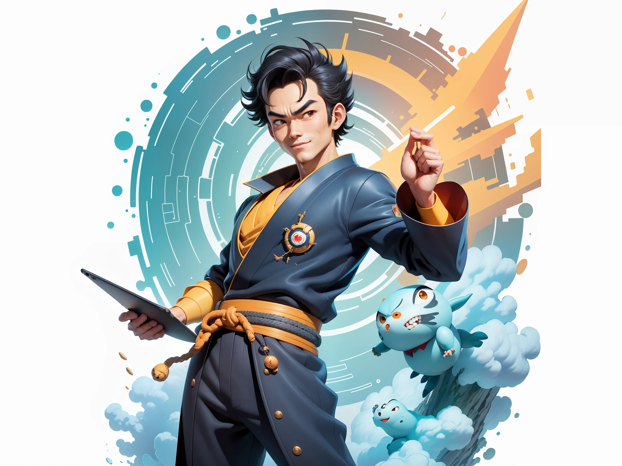 (Masterpiece), (Excellent), (Super Meticulous), (Full Body: 1.2), Super Young Man, Oriental Face, Japanese Kimono, Japanese Wind Thunder God, Dragon, Tiger, TV Anchor, Bust Portrait Illustration, Alone, Black Suit, Blue Tie, Slightly Chubby Face, Very Clean Face, No Beard, Black Super Short Hair, Black Eyes, Confident Smile, 3c Computer Sub-Products, iPad, iPhone, Digital Painting, 3D Character Design by Akira Toriyama and Mark Claireden and Pixar and Hayao Miyazaki, The illustration is a high-definition illustration in 4K resolution with very detailed facial features and cartoon-style visuals.