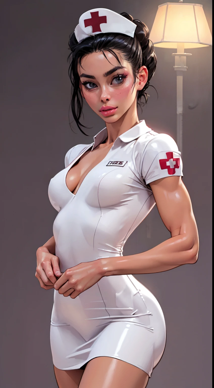 (Cowboy shot:1.5) 1 Same Girl , Perfect Beautiful , mature Face , ((korean woman)), Korean 18 Years Old , ((hair bun)) , ((white nurse outfit)), ((nurse cap:1.4)),Athletic Body , ((small breasts:1.5)) Extreme Detailed Portrait With Bokeh Effect , Realistic Lighting ,(long latex dress)Night Street View , Dark Vibe , (petite body:1.7) hospital , Gothic Makeup  , Posing Like a Model , Look at Viewer, ((puffy lips:1.3)), cool lighting, blue street lamp light((sunset ambiance light:0.8))