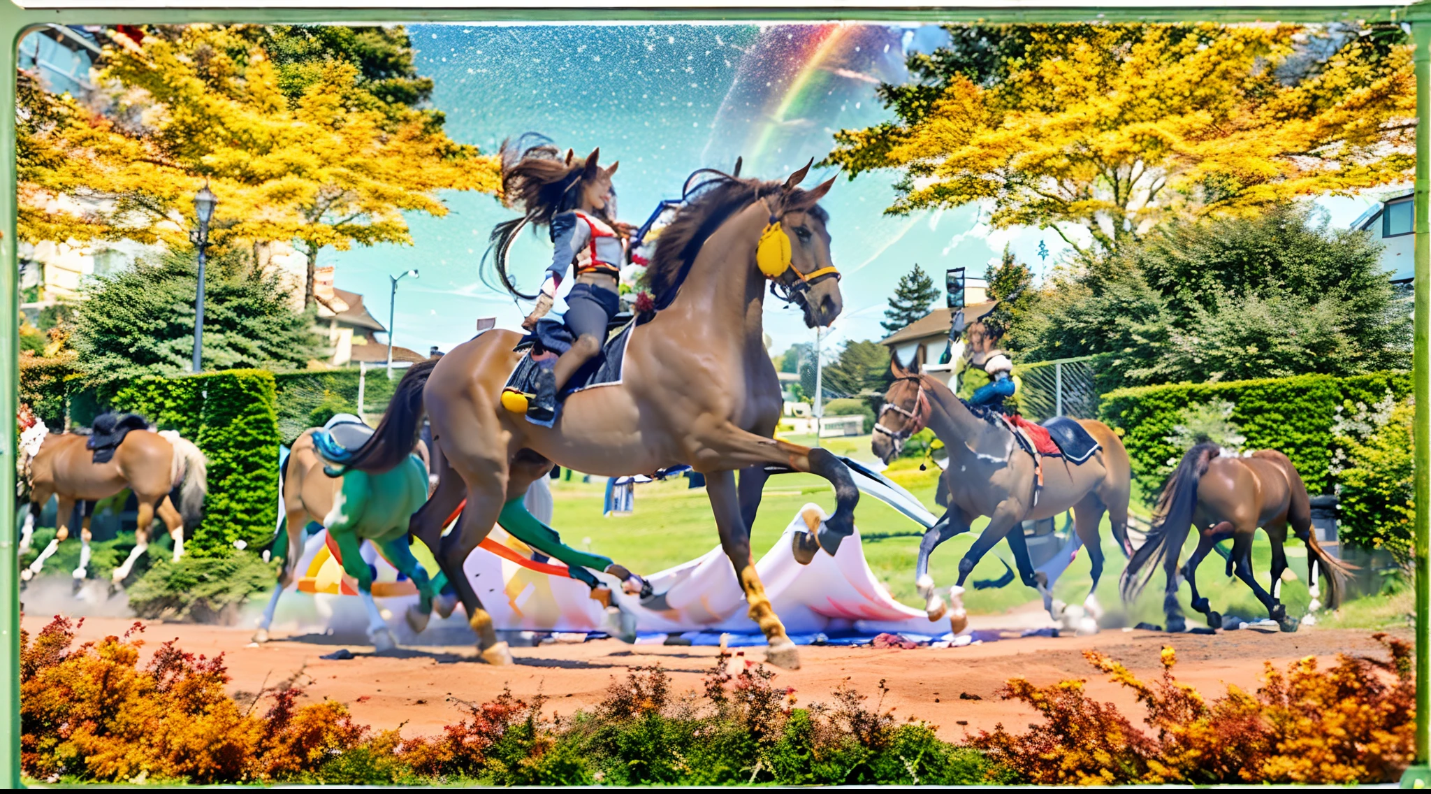 8 female centaurs,Ultra-grand scenes,super wide shot,1#centaur,2#centaur,3#centaur,4#centaur,5#centaur,6#centaur,7#centaur,8#centaur。Eight extremely special and rare centaurs surround each other,A large group of centaurs ran wildly ahead,Gallop across the steppe like a clock。The vast plains of the epic scene are rich in aquatic plants,In the distance is the snow-capped summit of Mount Everest,Snow creek flows into the sea,At the other end is the magnificent giant city,They entered and exited from the direction of the city gates。The first is the Lightcast Pegasus Centaur from the Supreme Heaven, which has a rainbow aperture from the Supreme Heaven,She rides between light and pure,No additional ornaments are needed to highlight her dignity and holiness,Even the sky showed her a clear sky,She has a deep enmity with the Nightmare Heavy Ride Centaur from Hell,The two never put their heads next to each other。Surrounded by a sulphurous flame, the Hellmare Heavy Ride Centaur makes every time a horse's hooves fall, it will step out of the flat grass from the lava from the ground。The sky of the steppe is brighter because of the rainbow,And lava makes the earth deeper。The wind wings of the wind elf horse centaur made its position erratic,She carries a cyan aperture lightly and can't help but tease the mechanical horse Centaur。The mechanical horse is full of mecha beauty,The shoulder back position always reveals delicate mechanical fittings,Four kicks with a hydraulic pump and electromagnetic ejection device。The unicorn Centaur wants to steal all the limelight from Centaur with its pure and flawless beauty,Her unicorn flashed with the power of thunder。But on the side, the fairy Ryoma Centaur is comparing with it,Fairy Ryoma Centaur is covered in small stars shining with magical brilliance。Their unique elven-patterned armor and colorful saddles make them the most stylish centaurs。The female knight Centaur is charging in her knightly armor,Her lofty ideals made her will unstoppab