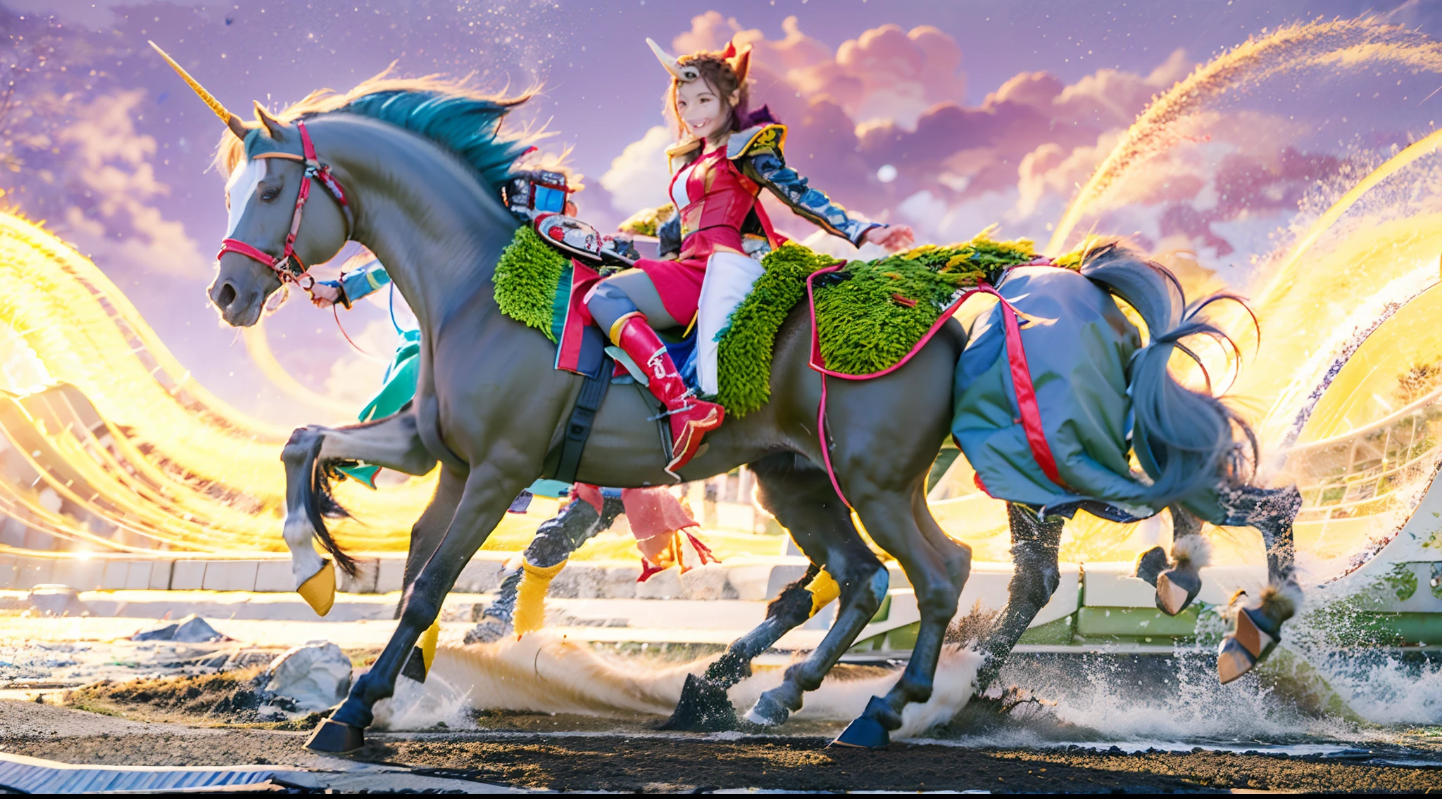 8 female centaurs，Ultra-grand scenes，super wide shot，1#centaur，2#centaur，3#centaur，4#centaur，5#centaur，6#centaur，7#centaur，8#centaur。Eight extremely special and rare centaurs surround each other，A large group of centaurs ran wildly ahead，Gallop across the steppe like a clock。The vast plains of the epic scene are rich in aquatic plants，In the distance is the snow-capped summit of Mount Everest，Snow creek flows into the sea，At the other end is the magnificent giant city，They entered and exited from the direction of the city gates。The first is the Lightcast Pegasus Centaur from the Supreme Heaven, which has a rainbow aperture from the Supreme Heaven，She rides between light and pure，No additional ornaments are needed to highlight her dignity and holiness，Even the sky showed her a clear sky，She has a deep enmity with the Nightmare Heavy Ride Centaur from Hell，The two never put their heads next to each other。Surrounded by a sulphurous flame, the Hellmare Heavy Ride Centaur makes every time a horse's hooves fall, it will step out of the flat grass from the lava from the ground。The sky of the steppe is brighter because of the rainbow，And lava makes the earth deeper。The wind wings of the wind elf horse centaur made its position erratic，She carries a cyan aperture lightly and can't help but tease the mechanical horse Centaur。The mechanical horse is full of mecha beauty，The shoulder back position always reveals delicate mechanical fittings，Four kicks with a hydraulic pump and electromagnetic ejection device。The unicorn Centaur wants to steal all the limelight from Centaur with its pure and flawless beauty，Her unicorn flashed with the power of thunder。But on the side, the fairy Ryoma Centaur is comparing with it，Fairy Ryoma Centaur is covered in small stars shining with magical brilliance。Their unique elven-patterned armor and colorful saddles make them the most stylish centaurs。The female knight Centaur is charging in her knightly armor，Her lofty ideals made her will unstoppab