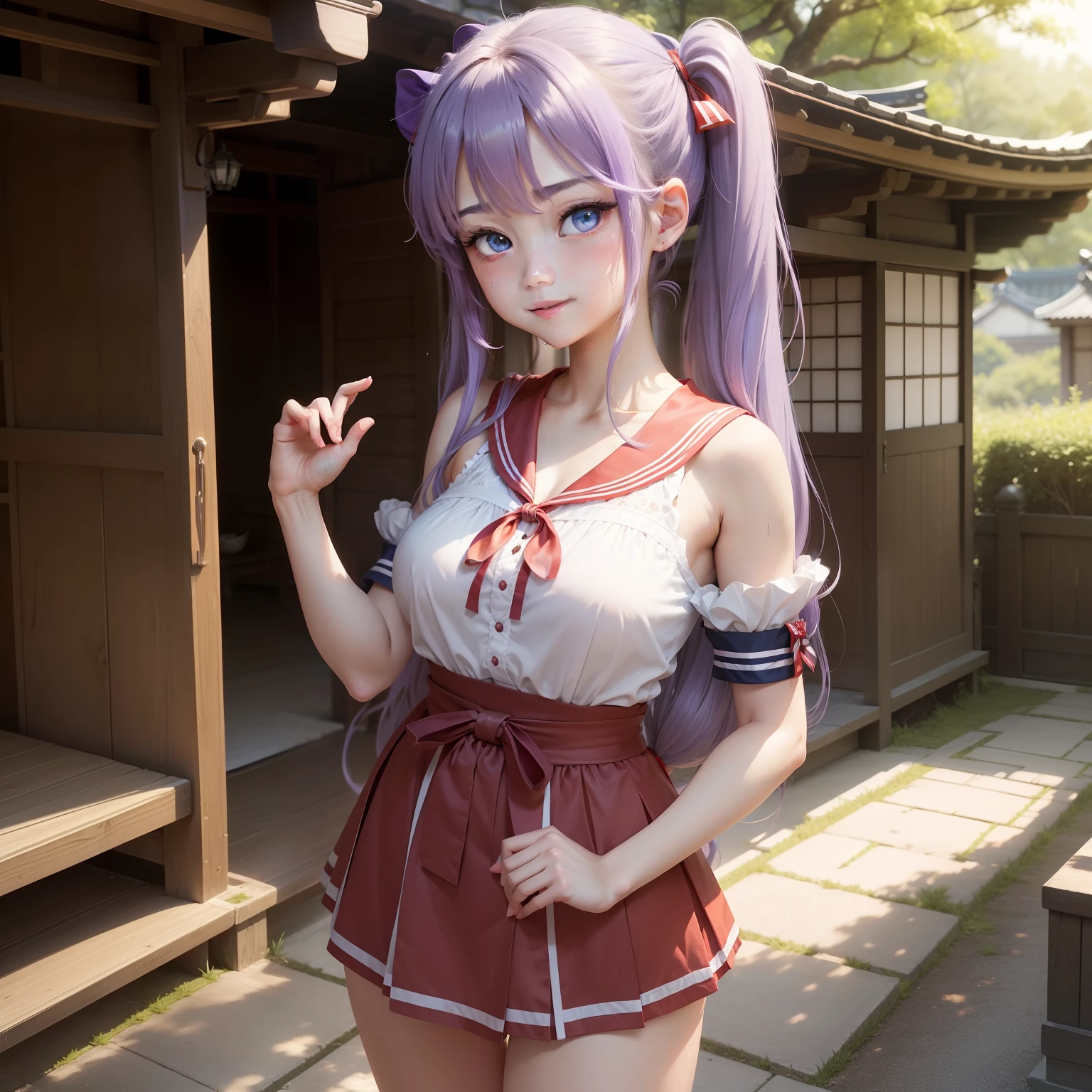 high-level image quality、​masterpiece、8K、1womanl、japanes、Kagami Hiiragi（Rakisuta）、18year old、Saint a girl、1 persons、独奏、One person on the screen、Empty bangs、hair color is light purple、Hair is purple、Twin-tailed、Twin tails are long to the waist、Black ribbon、Back Hair Up、Restore hair、Light blue eyes、Blue eyes、big eye、Hanging eyes、Strong-minded、Tsundere、Cheerful、Fluffy smile、Growing girls、Red sailor suit、Red sailor suit、moderate breast、moderate breast、Nipple stand、Stand with your right hand raised、Decide on a pose、full of sweat、perspiring、outside of house、The background is a shrine