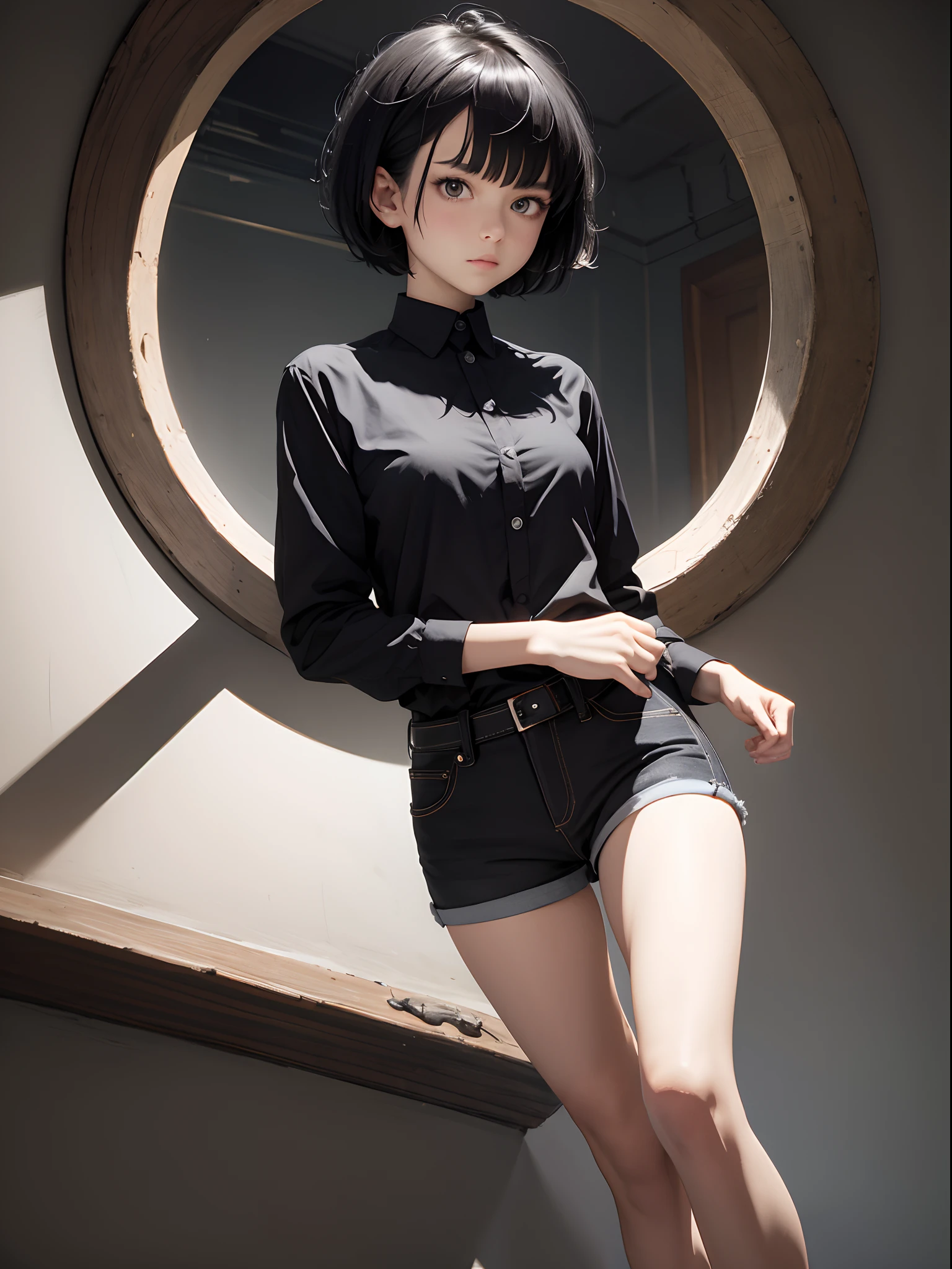 1girll,black color hair,Short hair,White color blouse,Hip-wrapped shorts,black over-the-knee socks,Small black leather shoes