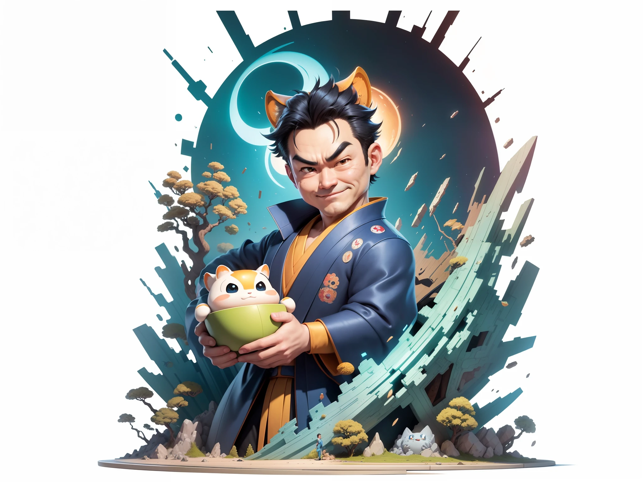 (Masterpiece), (Excellent), (Super Meticulous), (Full Body: 1.2), Super Young Man, Oriental Face, Japanese Kimono, Japanese Wind Thunder God, Dragon, Tiger, TV Anchor, Bust Portrait Illustration, Alone, Black Suit, Blue Tie, Slightly Chubby Face, Very Clean Face, No Beard, Black Super Short Hair, Black Eyes, Confident Smile, 3c Computer Sub-Products, iPad, iPhone, Digital Painting, 3D Character Design by Akira Toriyama and Mark Claireden and Pixar and Hayao Miyazaki, The illustration is a high-definition illustration in 4K resolution with very detailed facial features and cartoon-style visuals.