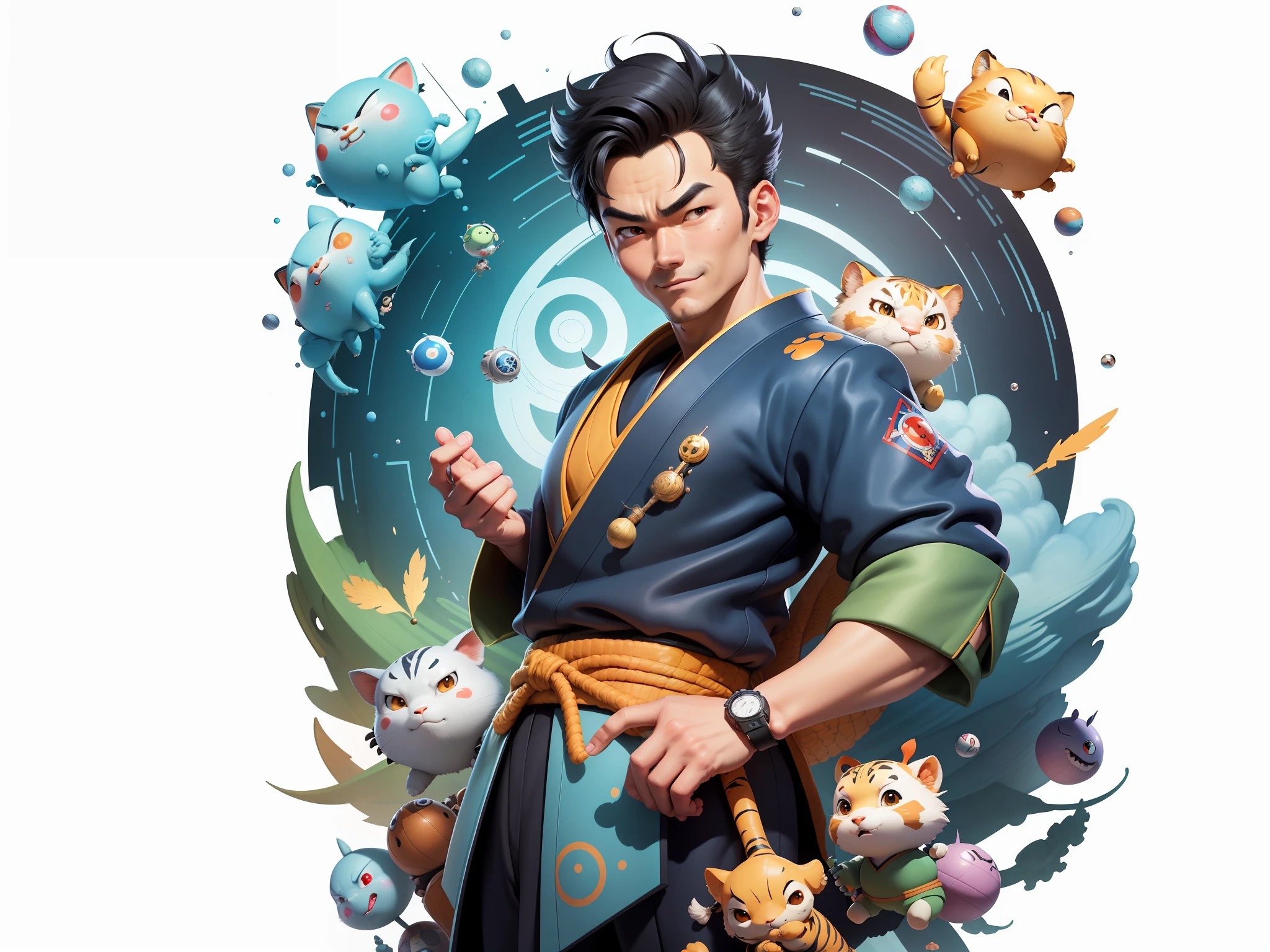 (Masterpiece), (Excellent), (Super Meticulous), (Full Body: 1.2), Super Young Man, Oriental Face, Japanese Kimono, Japanese Wind Thunder God, Dragon, Tiger, TV Anchor, Bust Portrait Illustration, Alone, Black Suit, Blue Tie, Slightly Chubby Face, Very Clean Face, No Beard, Black Super Short Hair, Black Eyes, Confident Smile, 3c Computer Sub-Products, iPad, iPhone, Digital Painting, 3D Character Design by Akira Toriyama and Mark Claireden and Pixar and Hayao Miyazaki, The illustration is a high-definition illustration in 4K resolution with very detailed facial features and cartoon-style visuals.