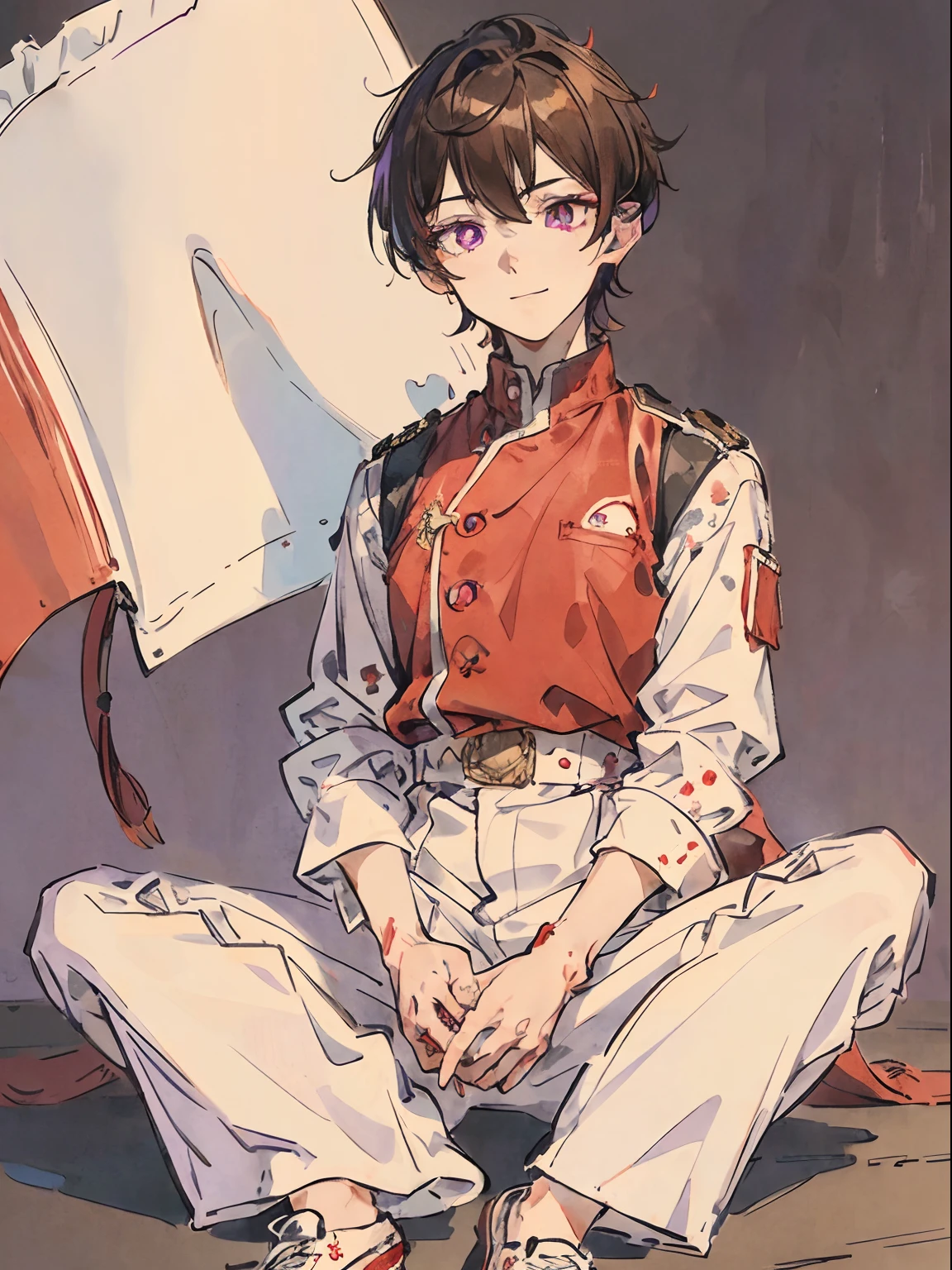 virtual_youtuber, 1boy, male_focus, solo, brown_hair, purple_eyes, simple_background, white_footwear, full_body, straight-on, looking_at_viewer, pants, red collared shirt, hair_between_eyes, (VERY DETAILED EYES:1.5), smile, Indonesia_Flag