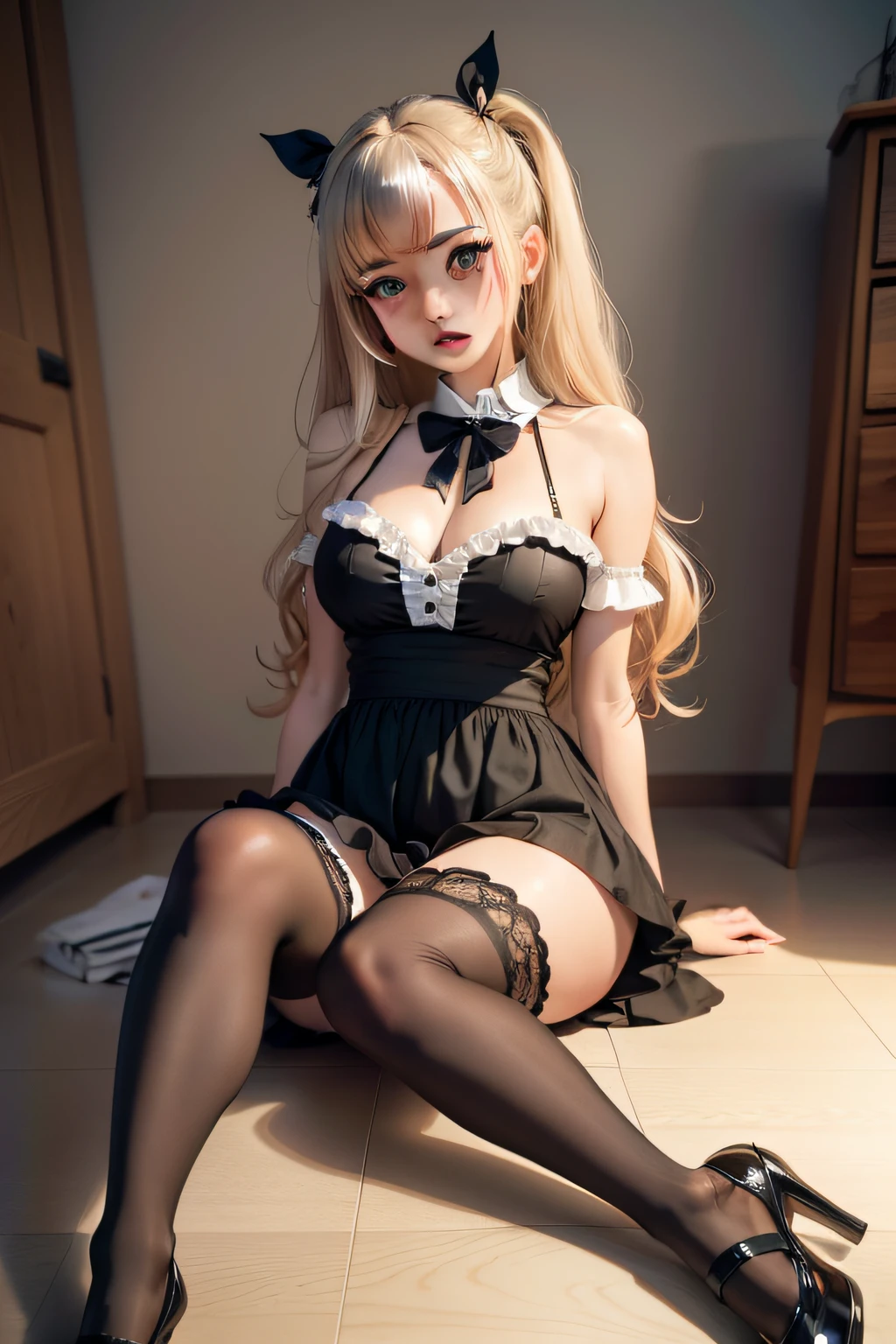 {{Masterpiece}}, high-quality, exquisitely detailed water, absurdly high resolution, bishoujo (beautiful girl), gyaru (gal), female pervert, stunningly detailed eyes, :q (a symbol of excitement), intense black eyes, eccentric eyes, ample bosom, pajamas, frilled socks, high heels, tennis racket, hand in own hair, head tilt.