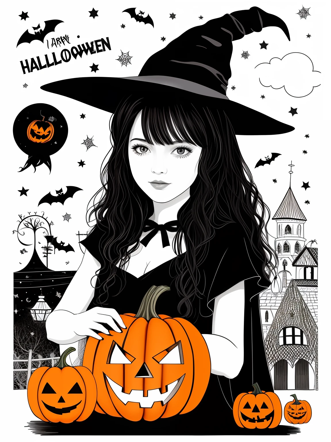 A set of Halloween-themed featuring a witch, Pumpkin, aranha, e outros itens, folha de flash, flash, spontaneous linework, linha desenho de linha, linha escura, Trabalhos de linha, linha plana, linha de trabalho detalhada, sketches, linha pesada, contornos pretos, arte da linha de tinta preta, linha limpa,