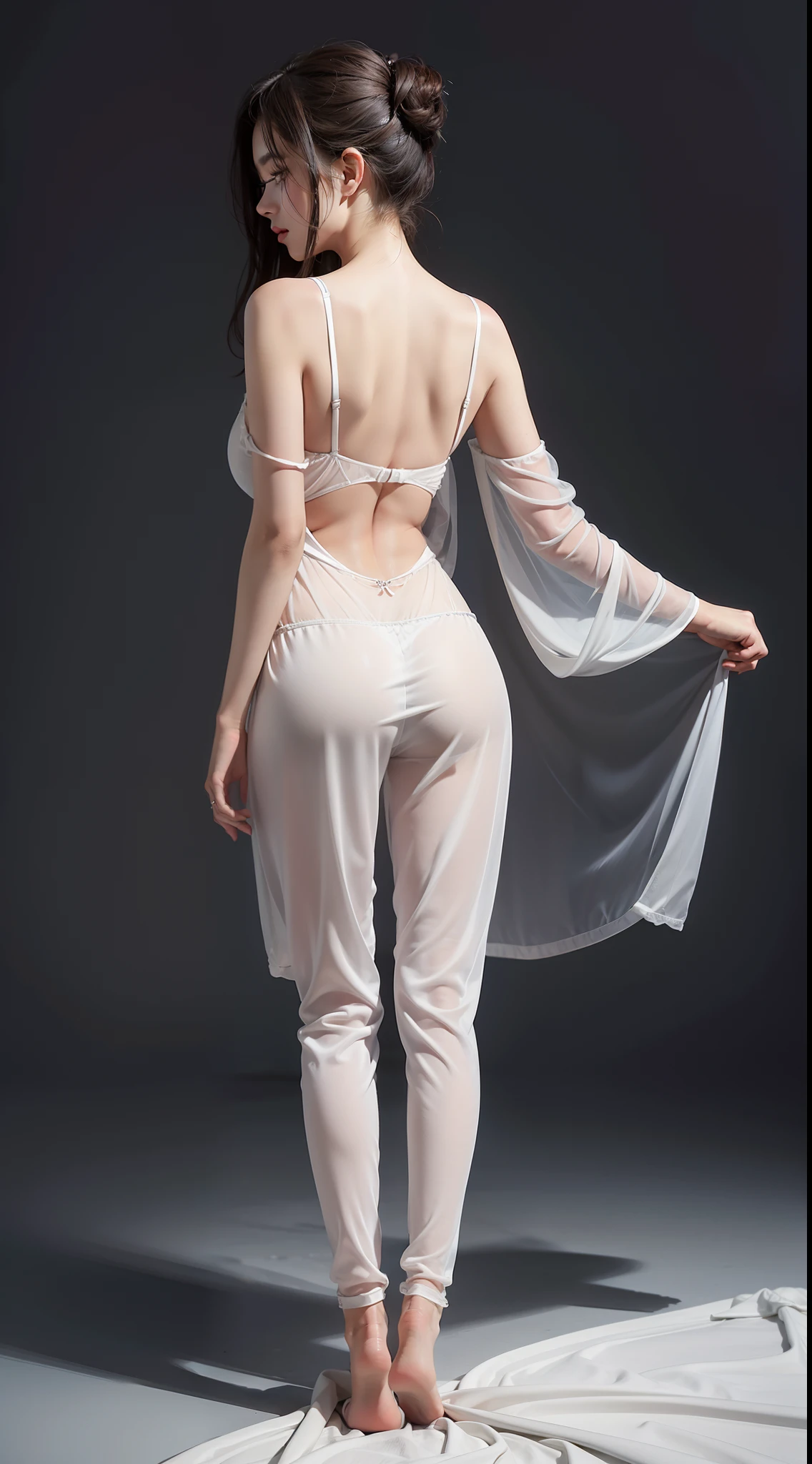 A Beautiful woman model with Transparent sleepwear , photo full body from behind , Closeup picture , 8k