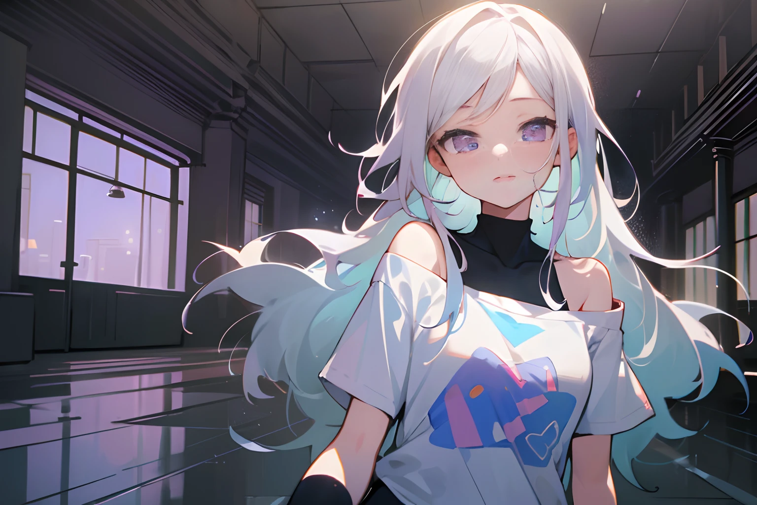 ((a woman)), sexy figure, ((white round neck off-the-shoulder T-shirt: 1.2)), ((shoulder-length white hair: 1.21)), ((purple eyes)), ((thin eyes))(((black leggings: 1.21))), (very delicate and beautiful), ((night: 1.5)), ((walking on the road: 1.21)), (Masterpiece: 1.21), (Best Quality: 1.331), (Super Detailed), ((Excellent Illustration)), ((Delicate Face: 1.3)) (Anime Style: 1.3), Expressionless, Animme, (Reflection Light), ray tracing, Canon, anatomically correct, UHD, retina, super detail, high details, best quality, ((highres)), masterpiece, ccurate