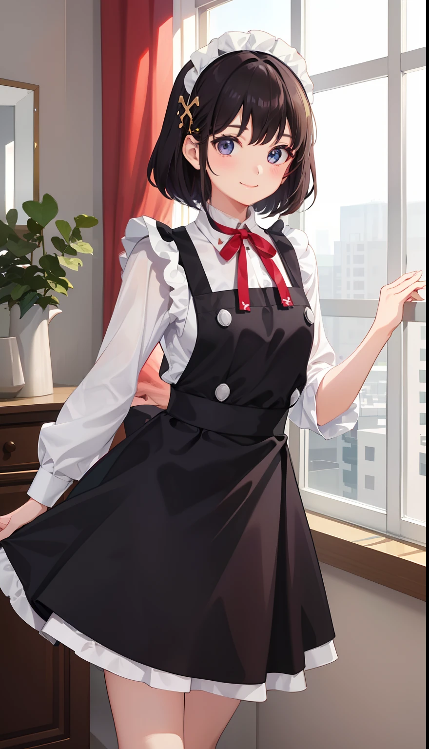 1girl in、A smile、A delightful!　The shirt、skirt by the、（small tits）pinafore、doress、hair adornments、（Maids）、